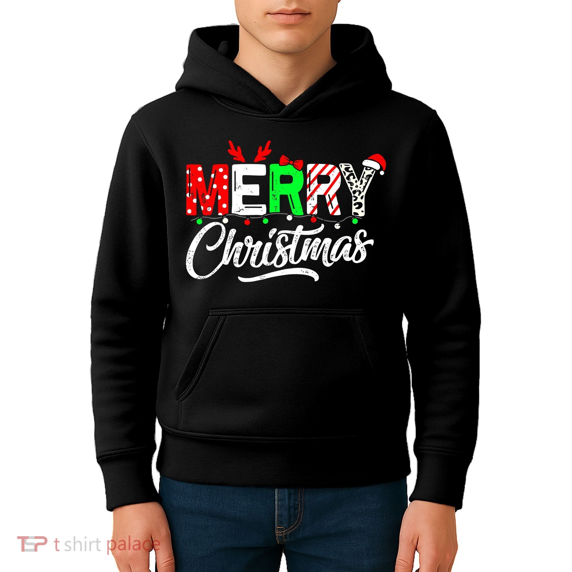 Merry Christmas Tree Buffalo Plaid Red White Green Cute Xmas Kids Hoodie