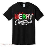 Merry Christmas Tree Buffalo Plaid Red White Green Cute Xmas Kids T-Shirt thumb 0
