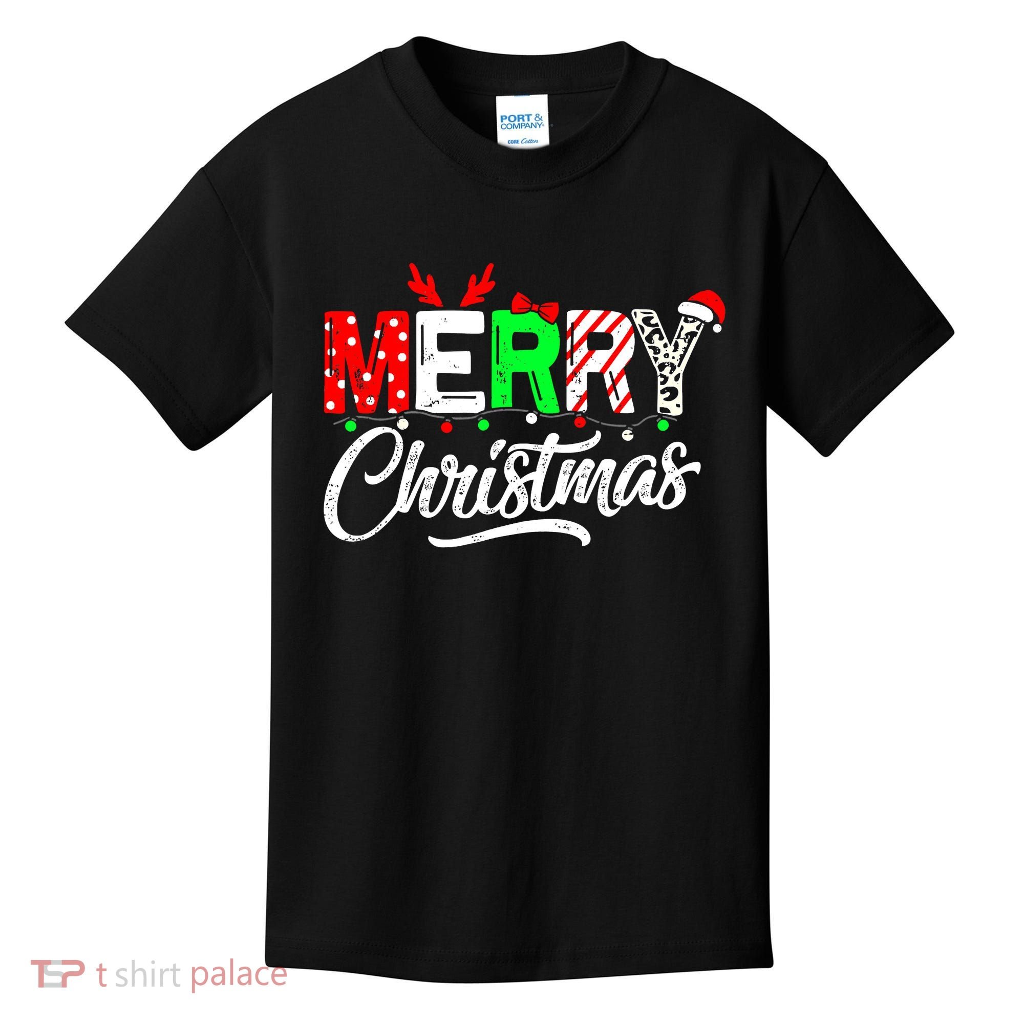 Merry Christmas Tree Buffalo Plaid Red White Green Cute Xmas Kids T-Shirt