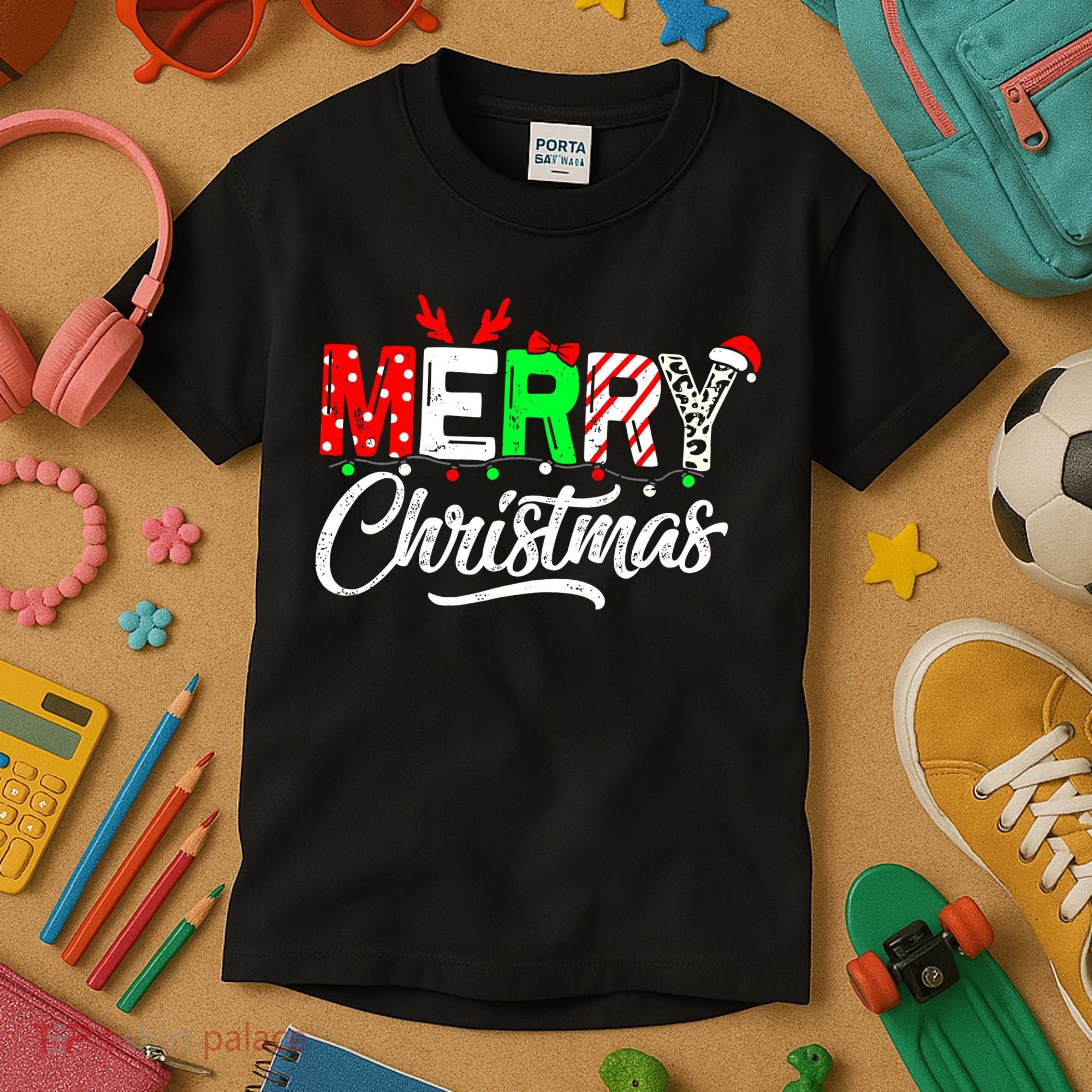 Merry Christmas Tree Buffalo Plaid Red White Green Cute Xmas Kids T-Shirt