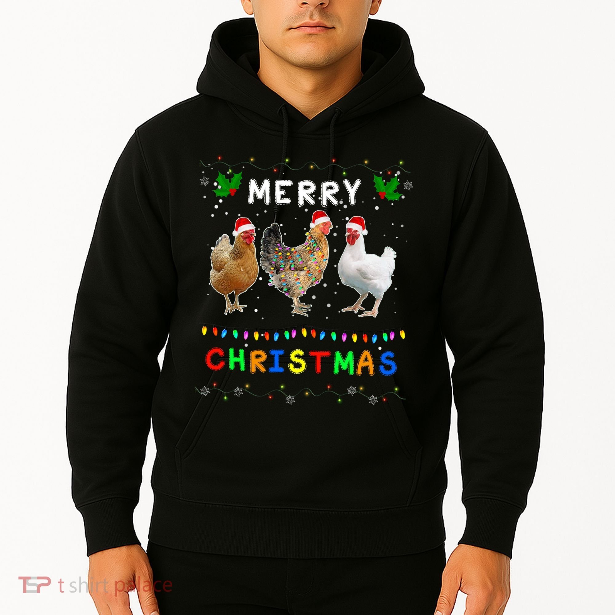 Merry Christmas Three Chickens Lights Funny Hoodie