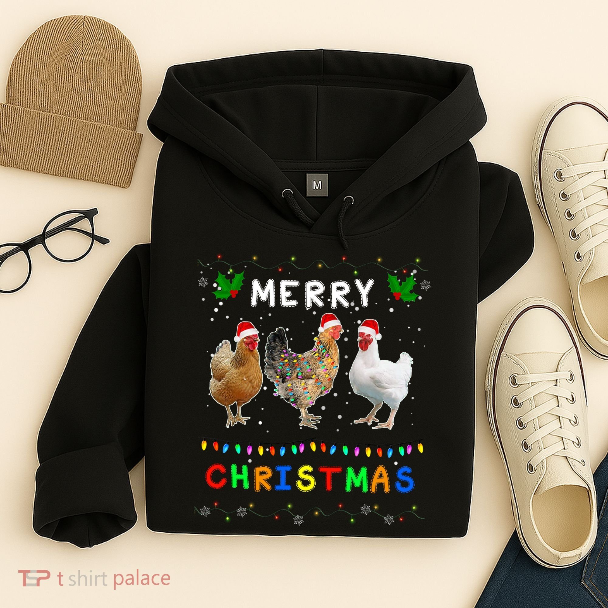 Merry Christmas Three Chickens Lights Funny Hoodie