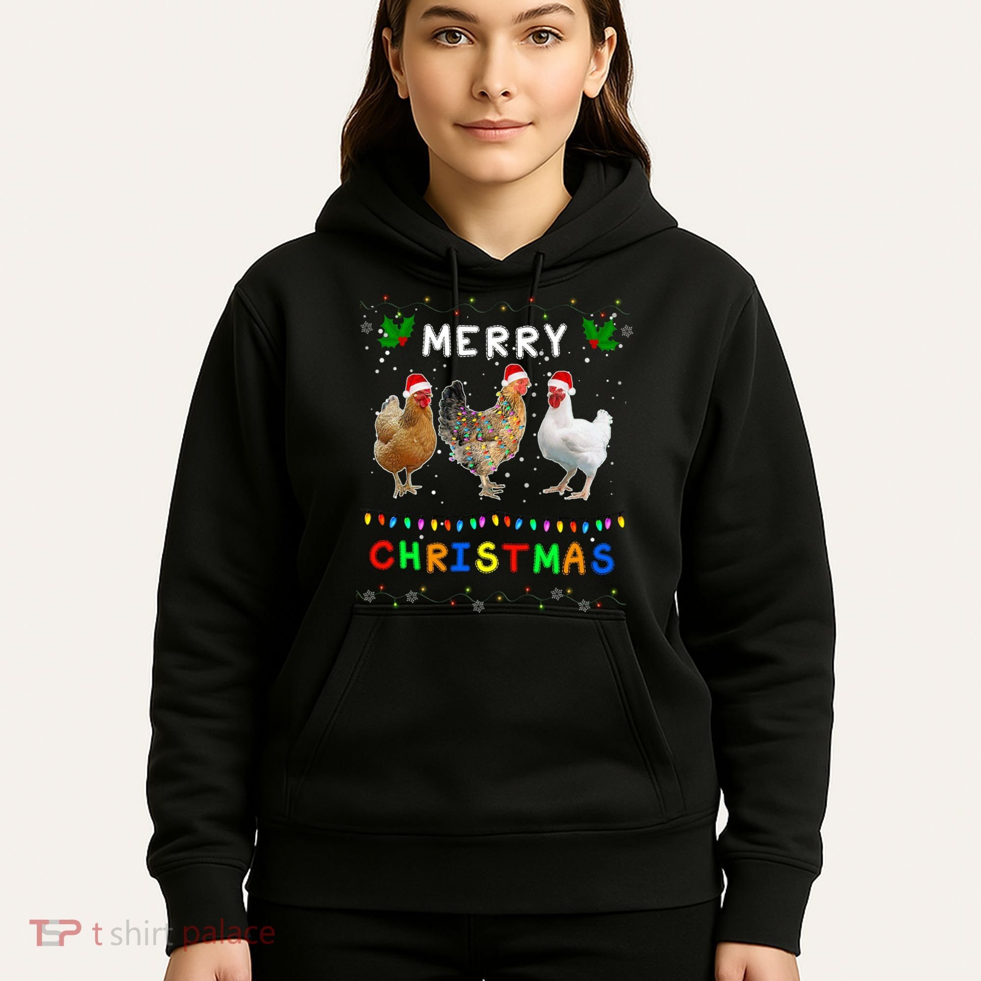 Merry Christmas Three Chickens Lights Funny Hoodie