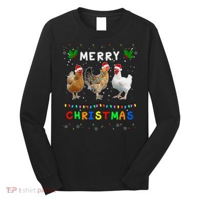 Merry Christmas Three Chickens Lights Funny Long Sleeve Shirt