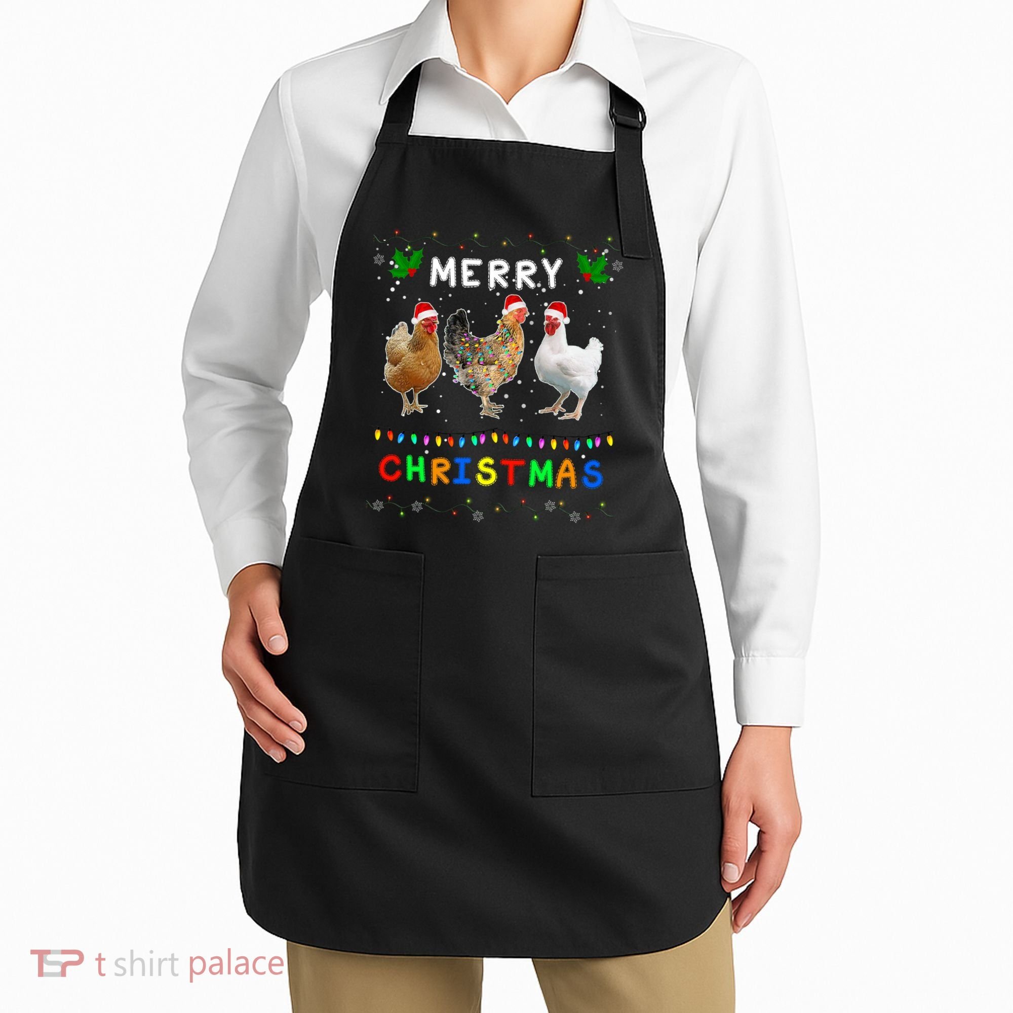 Merry Christmas Three Chickens Lights Funny Apron
