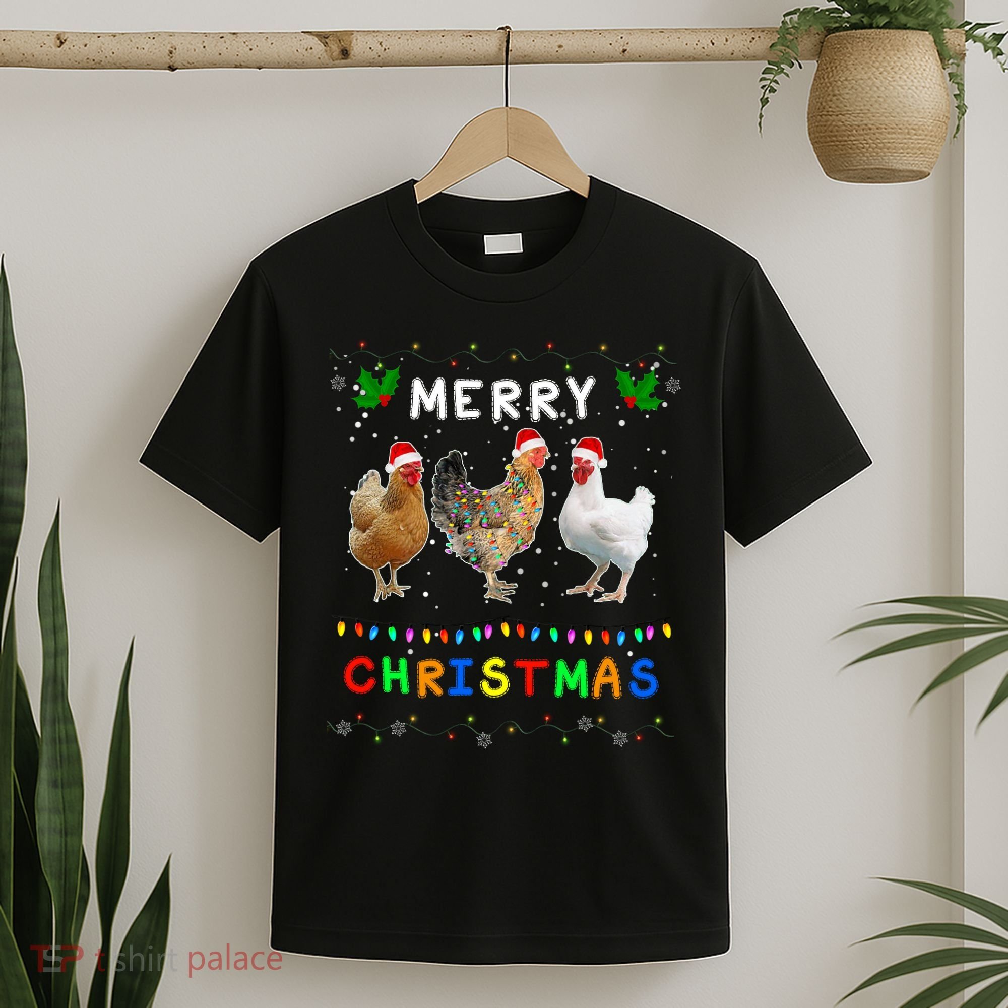 Merry Christmas Three Chickens Lights Funny T-Shirt