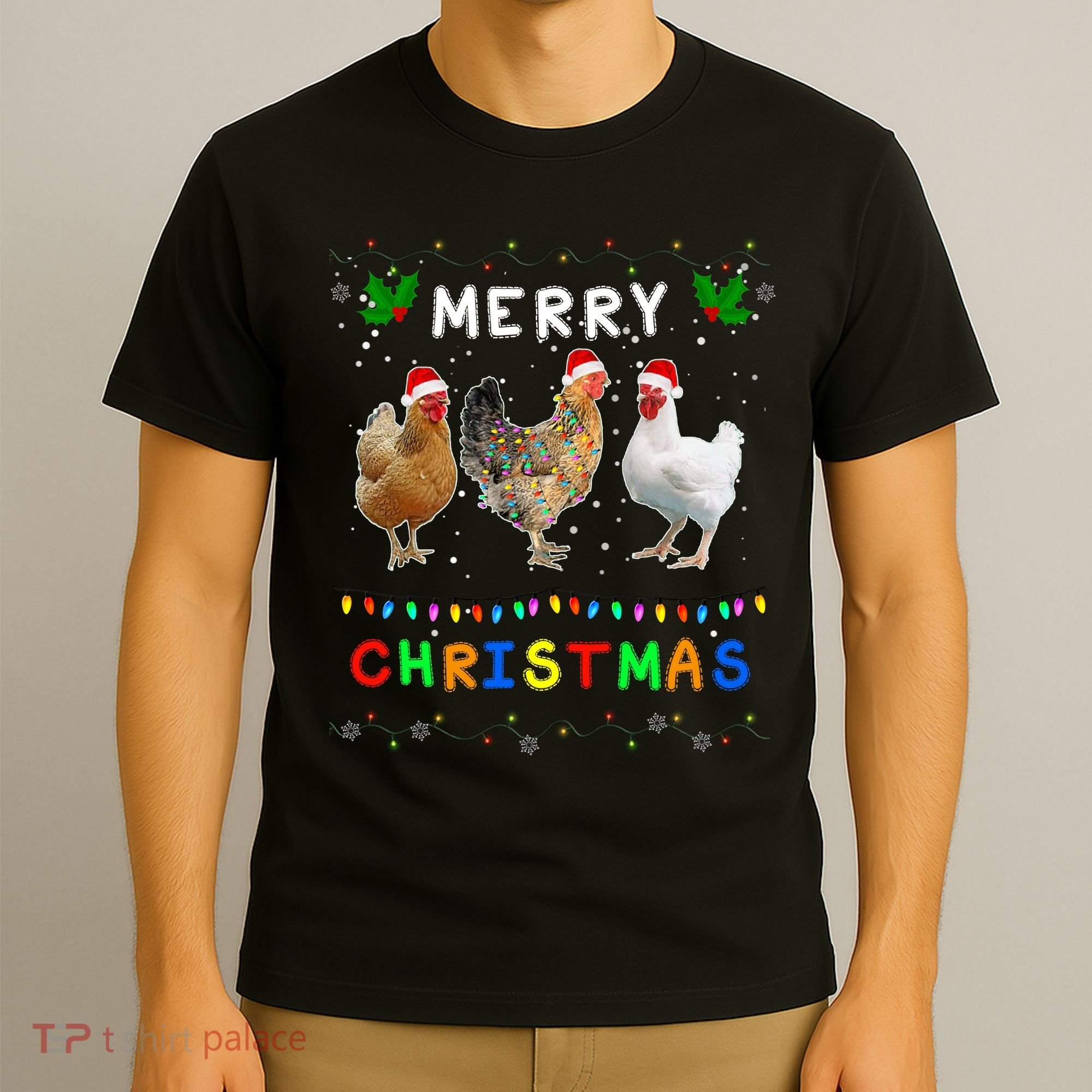 Merry Christmas Three Chickens Lights Funny T-Shirt
