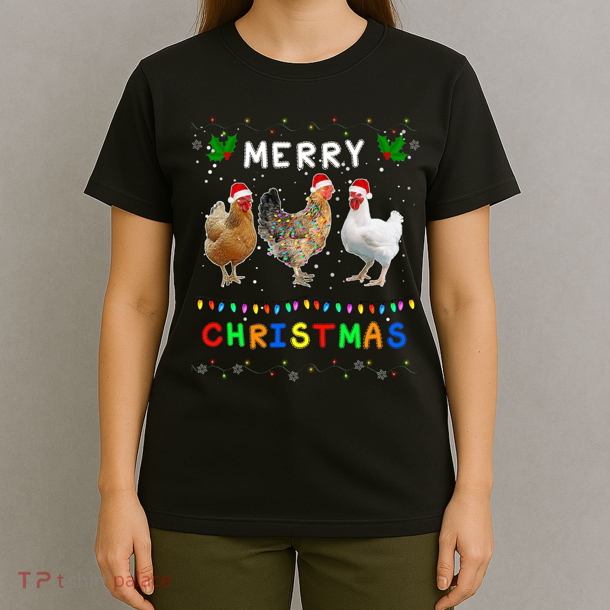 Merry Christmas Three Chickens Lights Funny T-Shirt