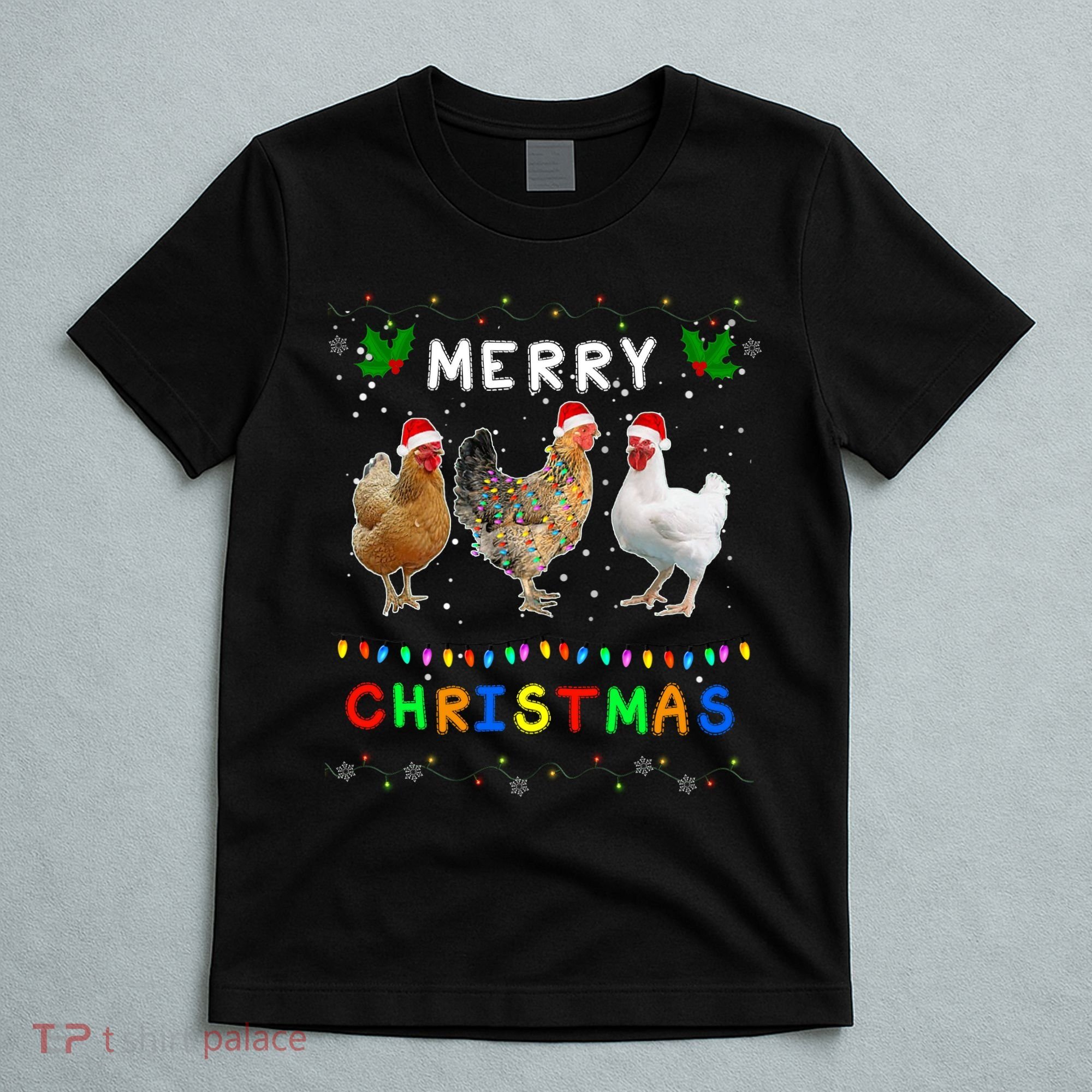 Merry Christmas Three Chickens Lights Funny T-Shirt