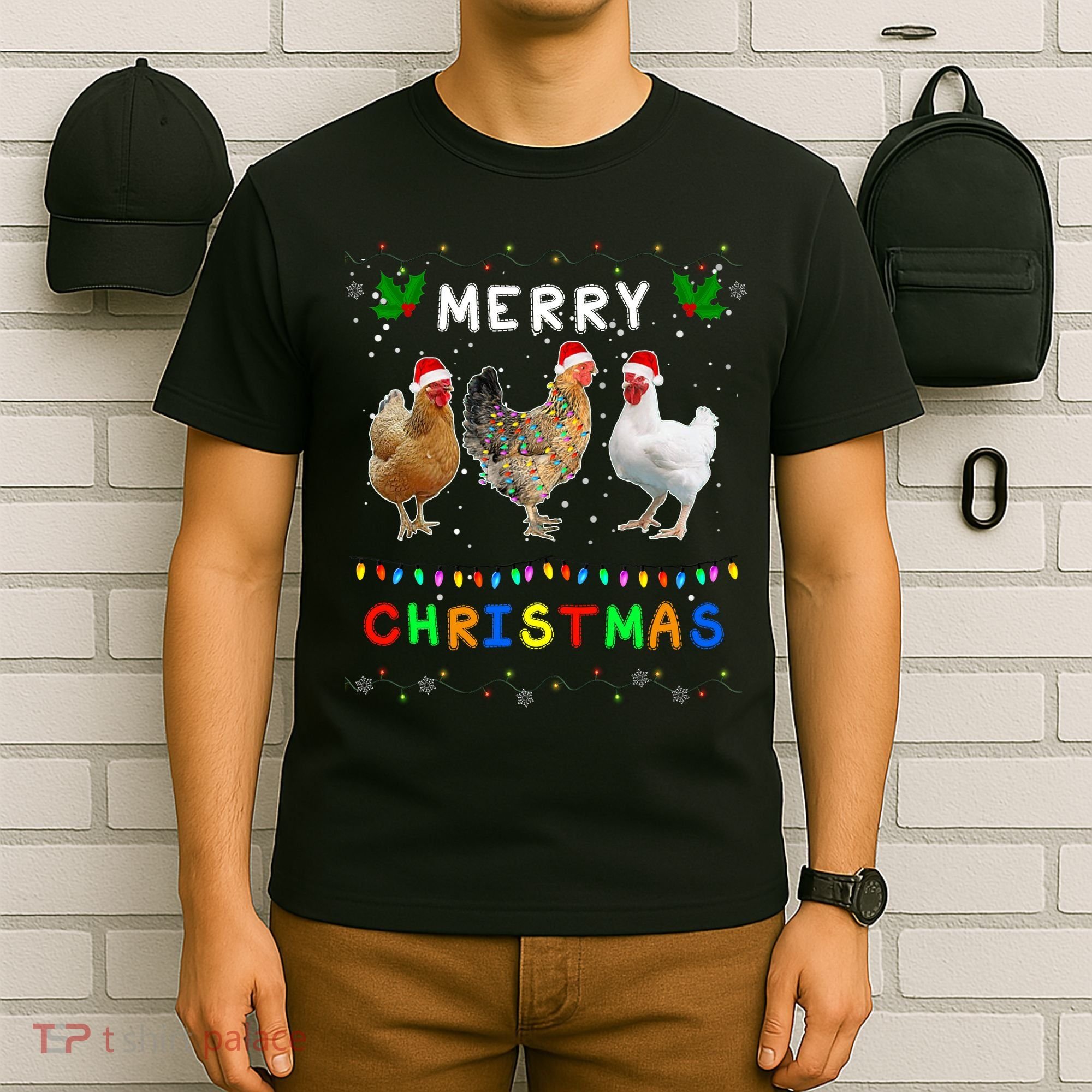 Merry Christmas Three Chickens Lights Funny T-Shirt