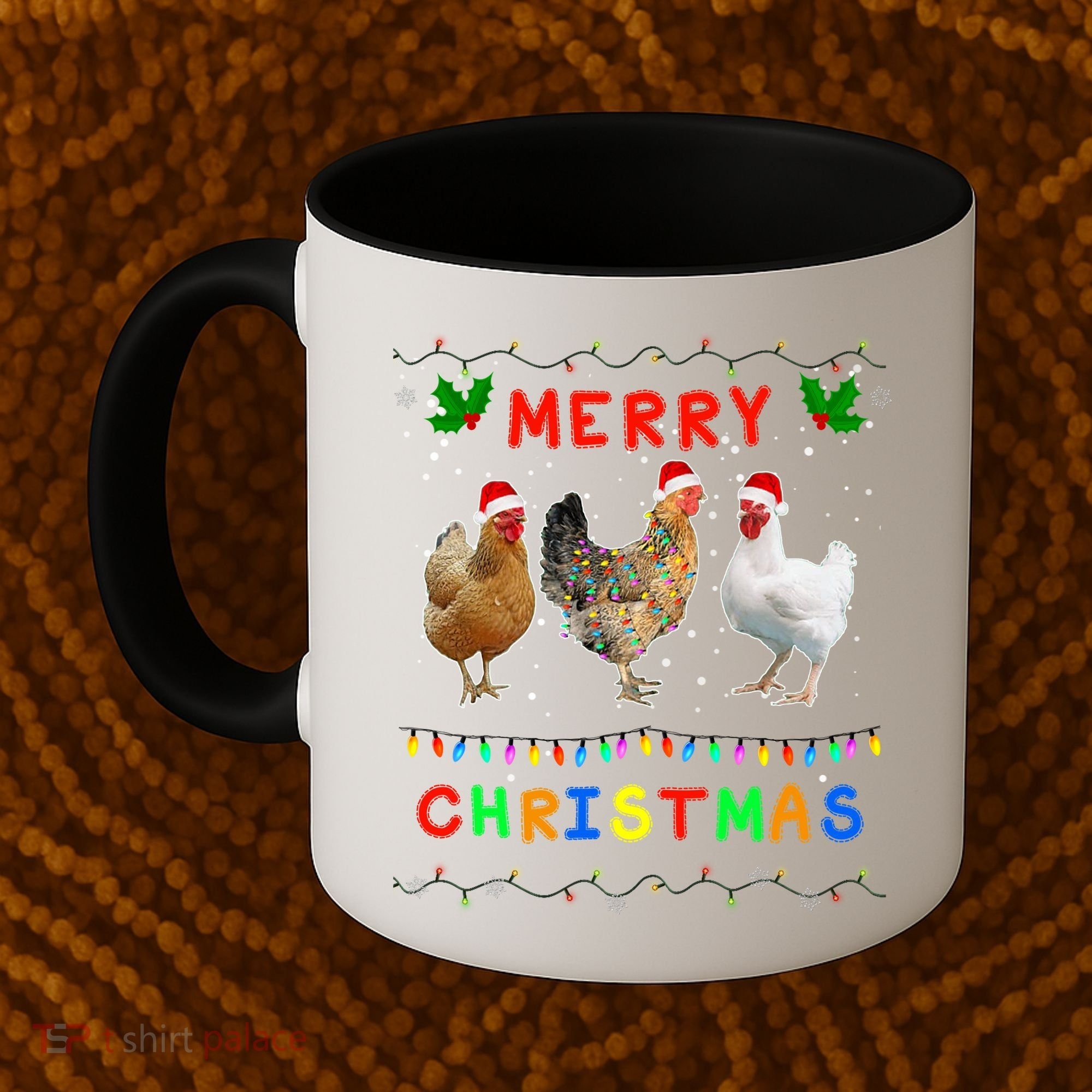 Merry Christmas Three Chickens Lights Funny Coffee Mug