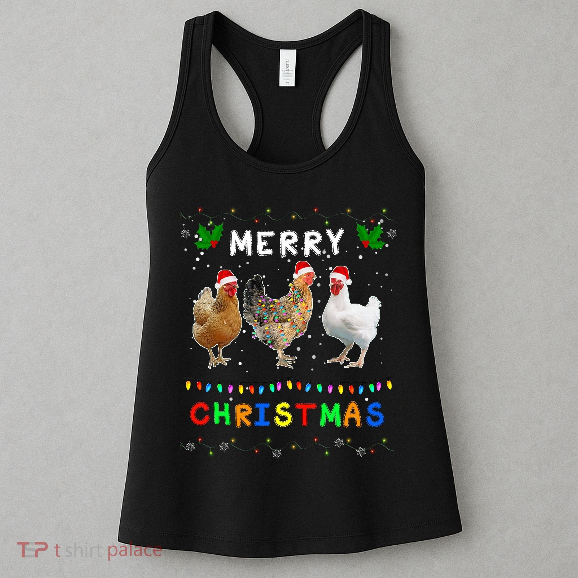Merry Christmas Three Chickens Lights Funny Women's Tank Top