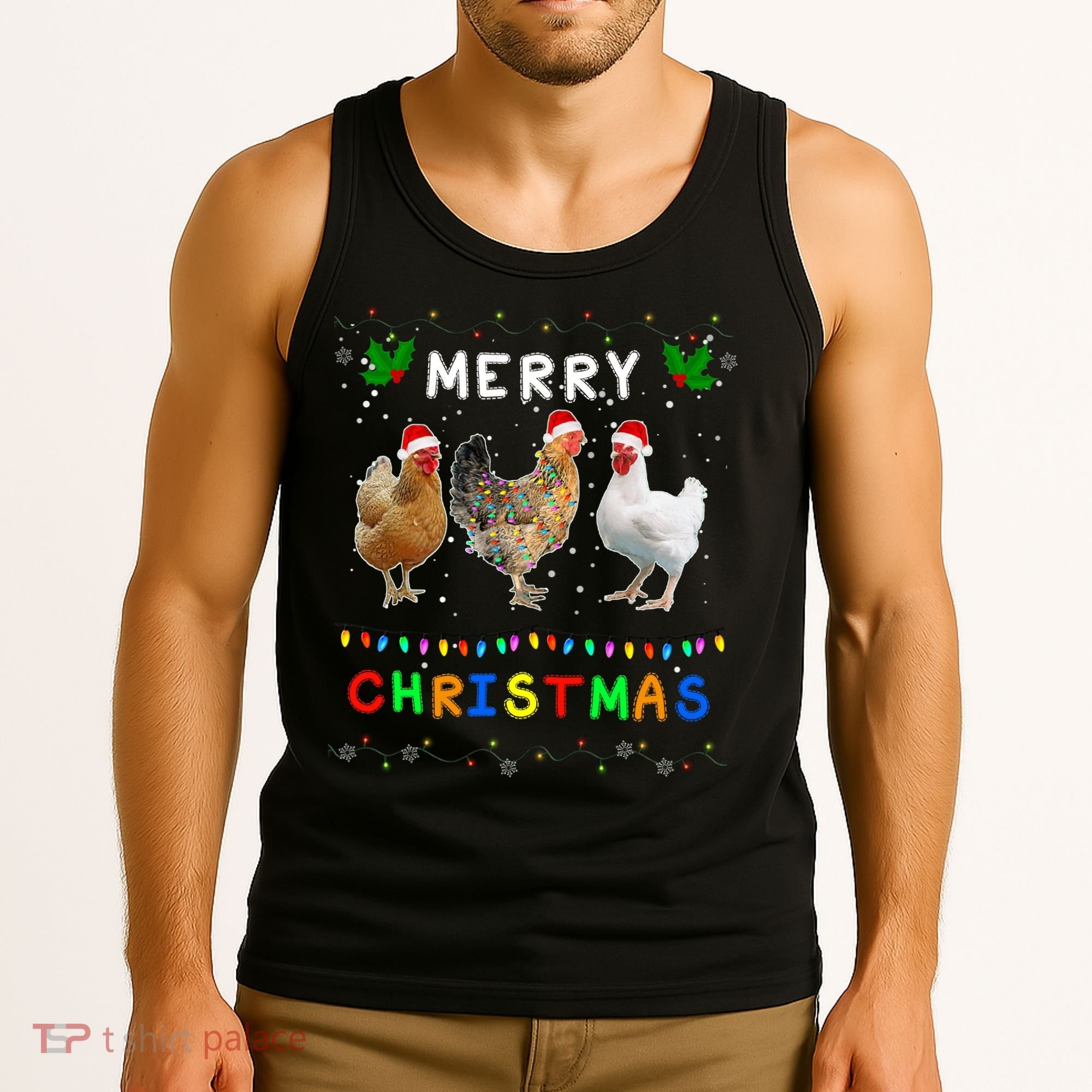 Merry Christmas Three Chickens Lights Funny Tank Top