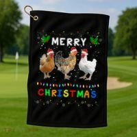 Merry Christmas Three Chickens Lights Funny Golf Towel thumb 1