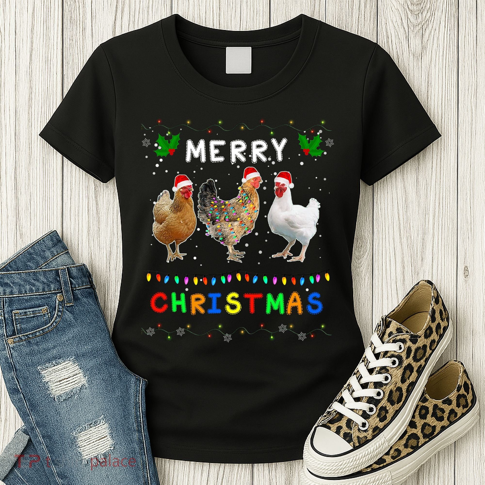Merry Christmas Three Chickens Lights Funny Women's T-Shirt