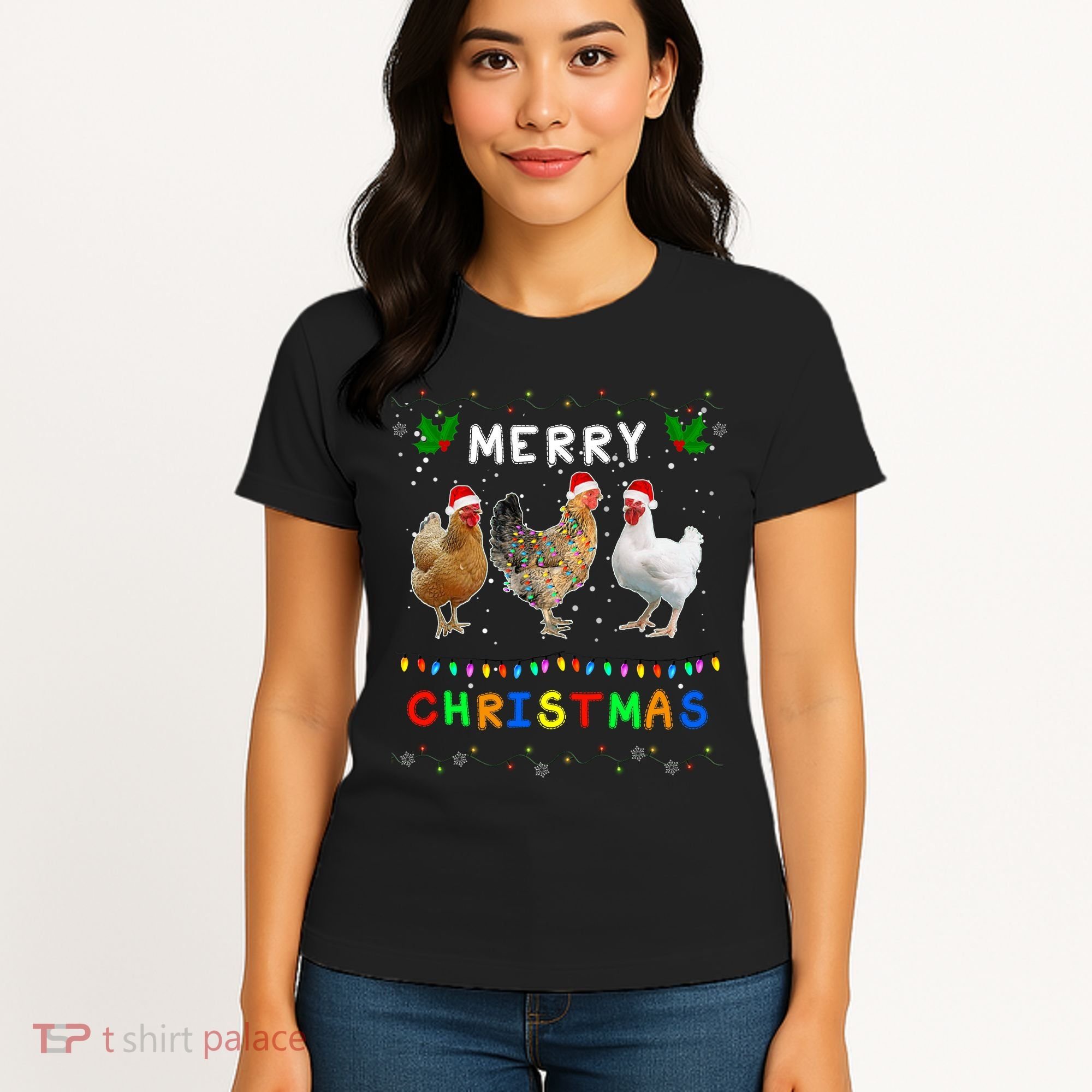 Merry Christmas Three Chickens Lights Funny Women's T-Shirt