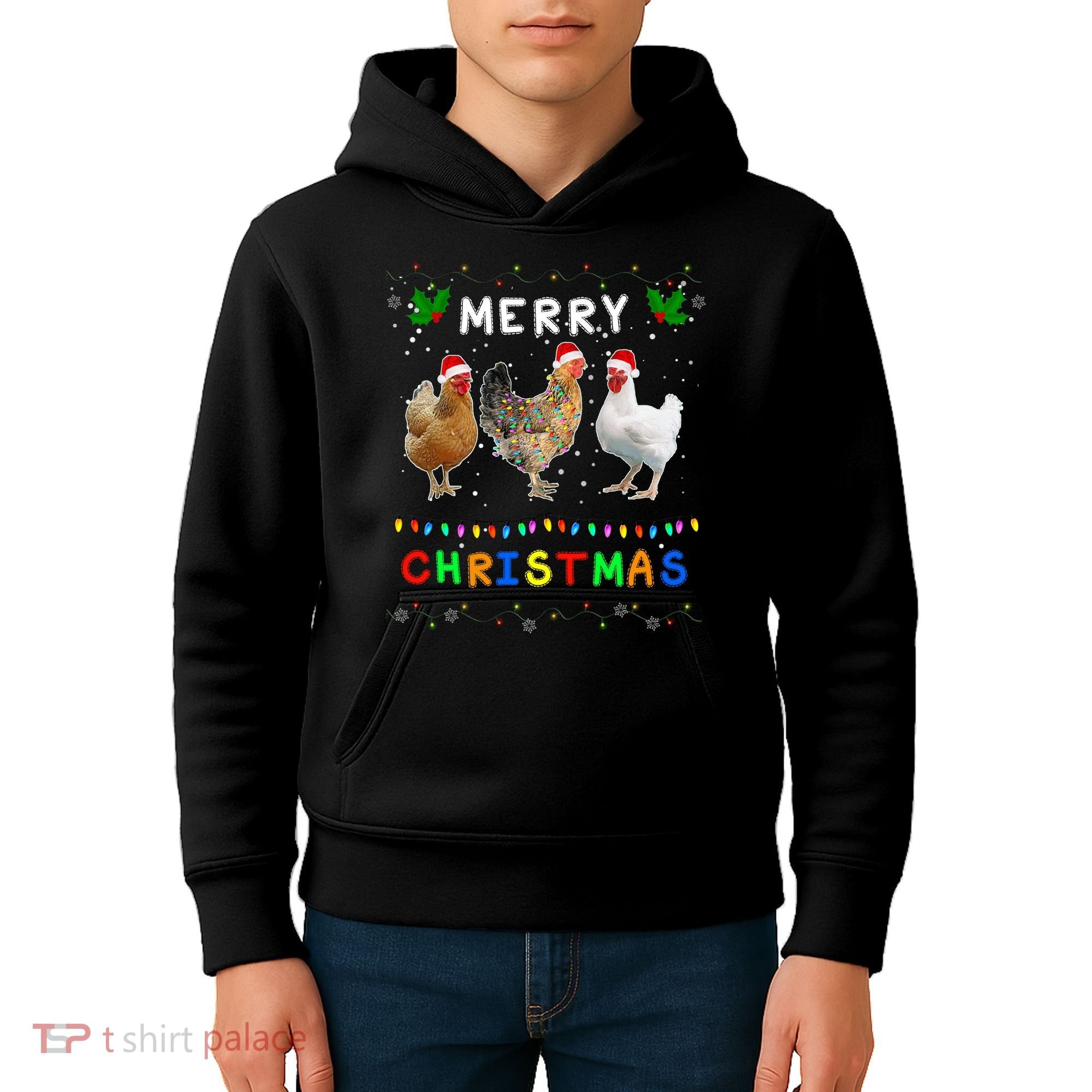 Merry Christmas Three Chickens Lights Funny Kids Hoodie