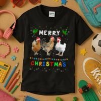 Merry Christmas Three Chickens Lights Funny Kids T-Shirt thumb 3