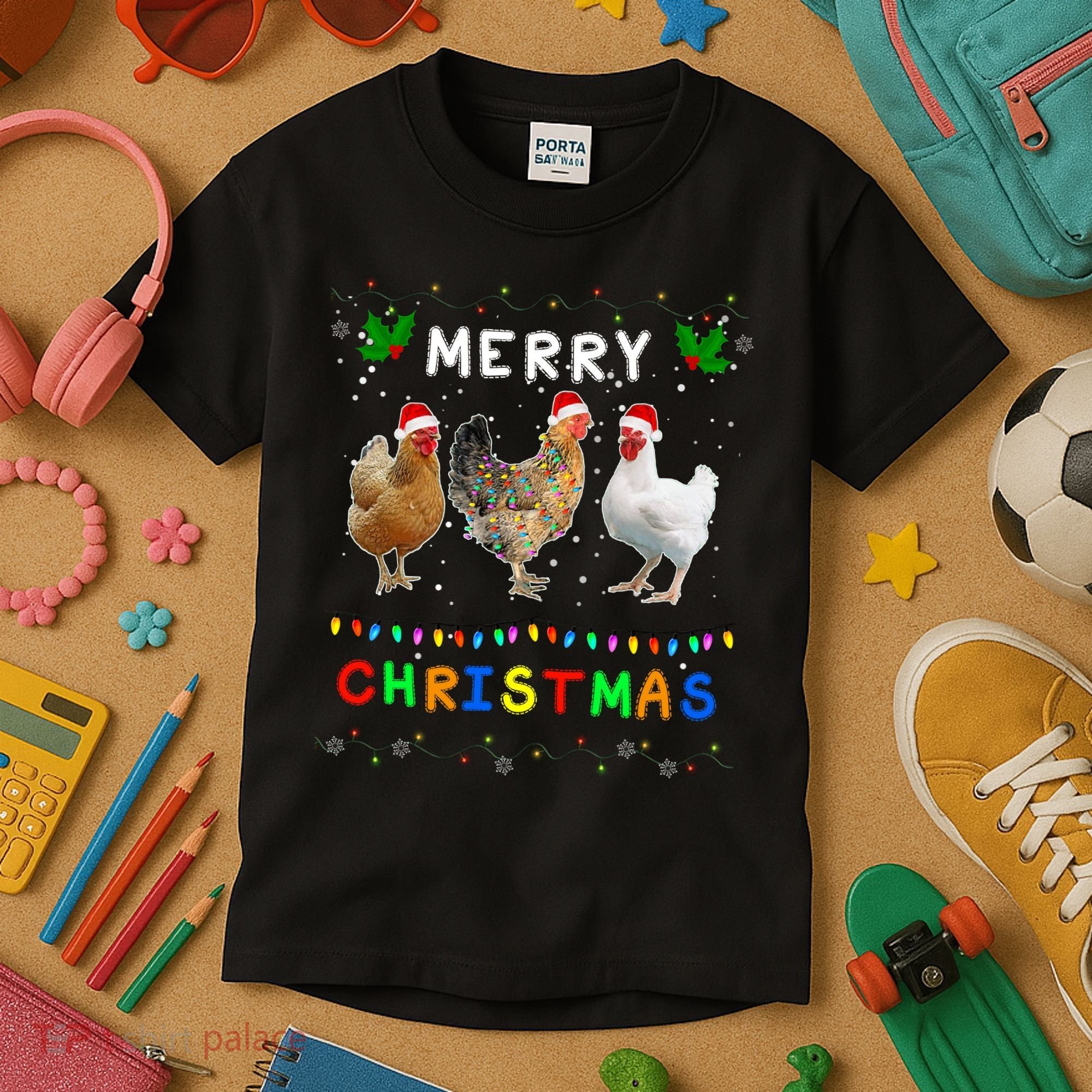 Merry Christmas Three Chickens Lights Funny Kids T-Shirt