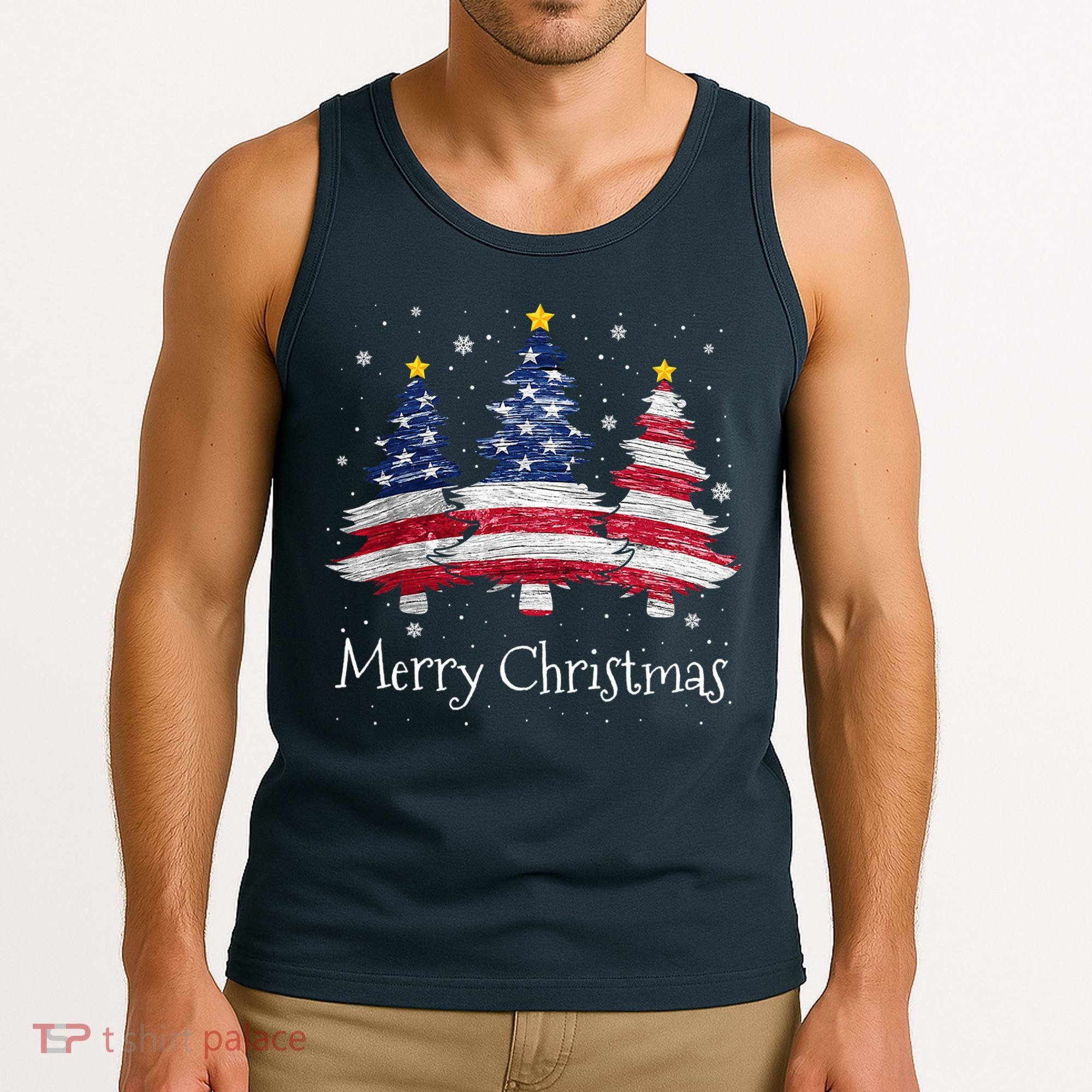 Merry Christmas Tree American Flag Family Christmas Pajama Tank Top