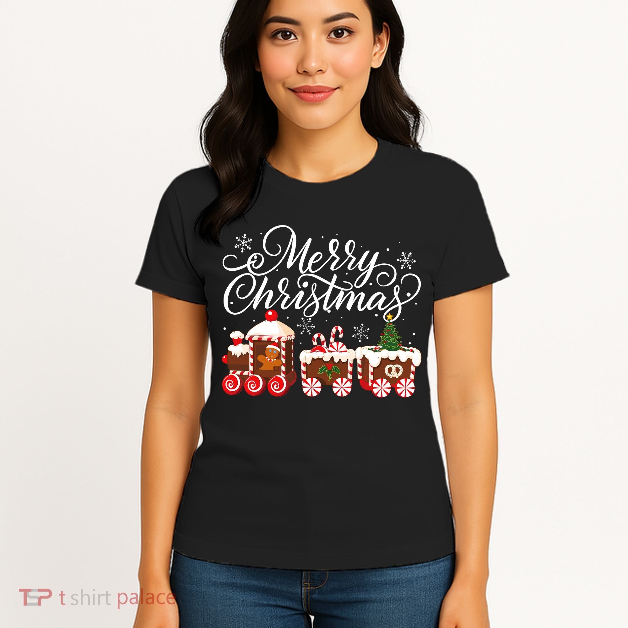 Merry Christmas Train Santa Claus Gingerbread House Pajamas Women's T-Shirt
