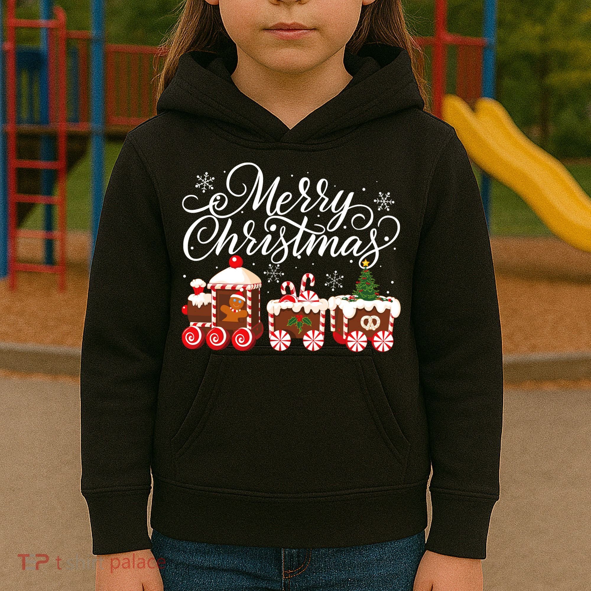Merry Christmas Train Santa Claus Gingerbread House Pajamas Kids Hoodie