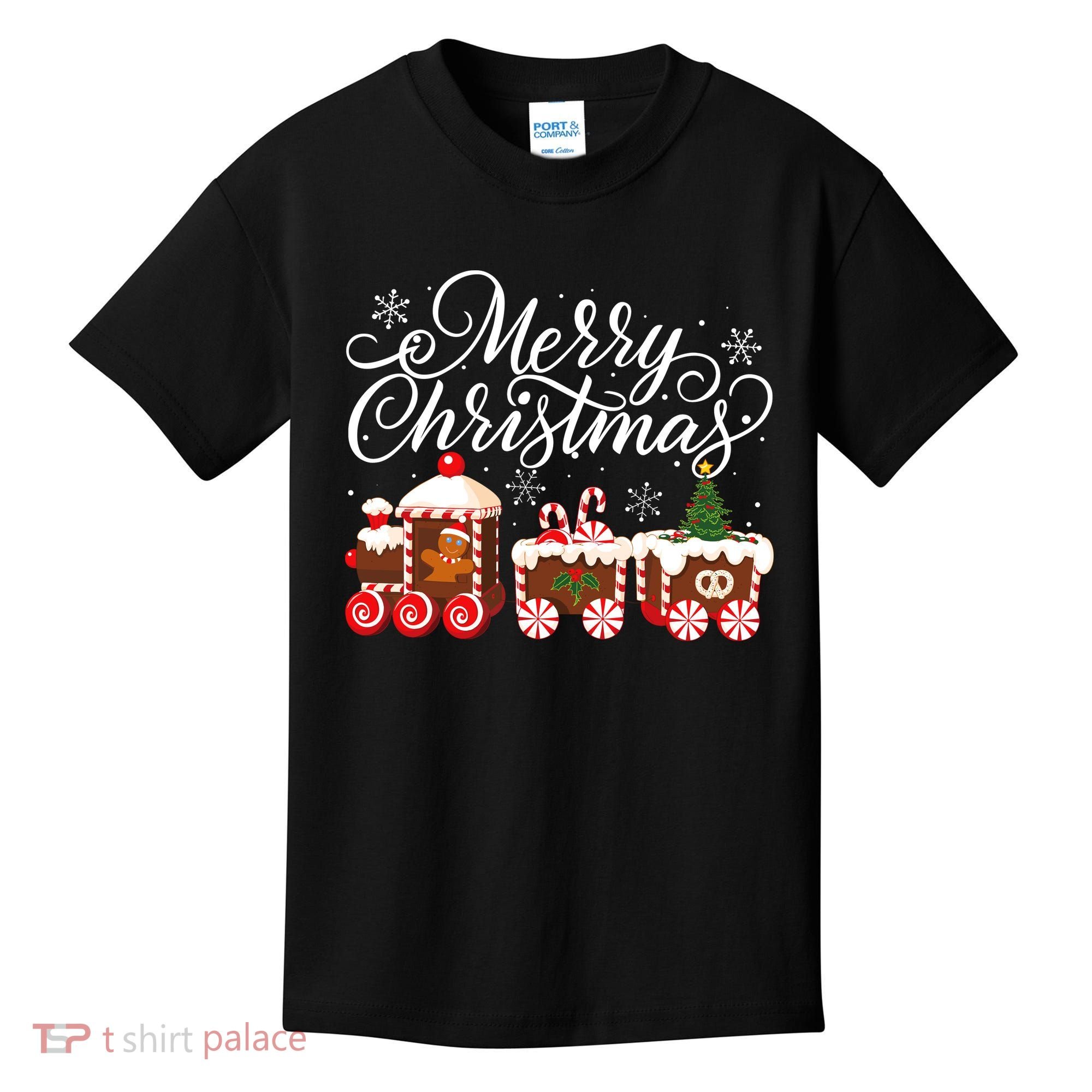 Merry Christmas Train Santa Claus Gingerbread House Pajamas Kids T-Shirt
