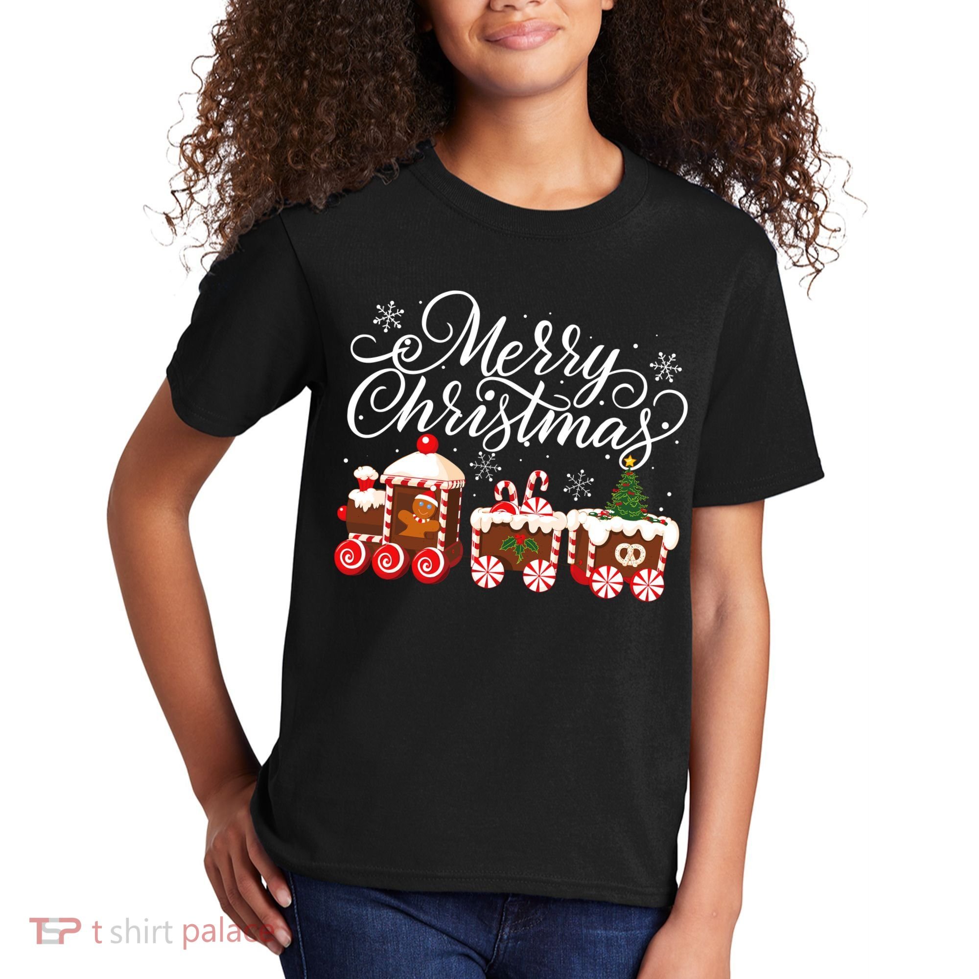Merry Christmas Train Santa Claus Gingerbread House Pajamas Kids T-Shirt