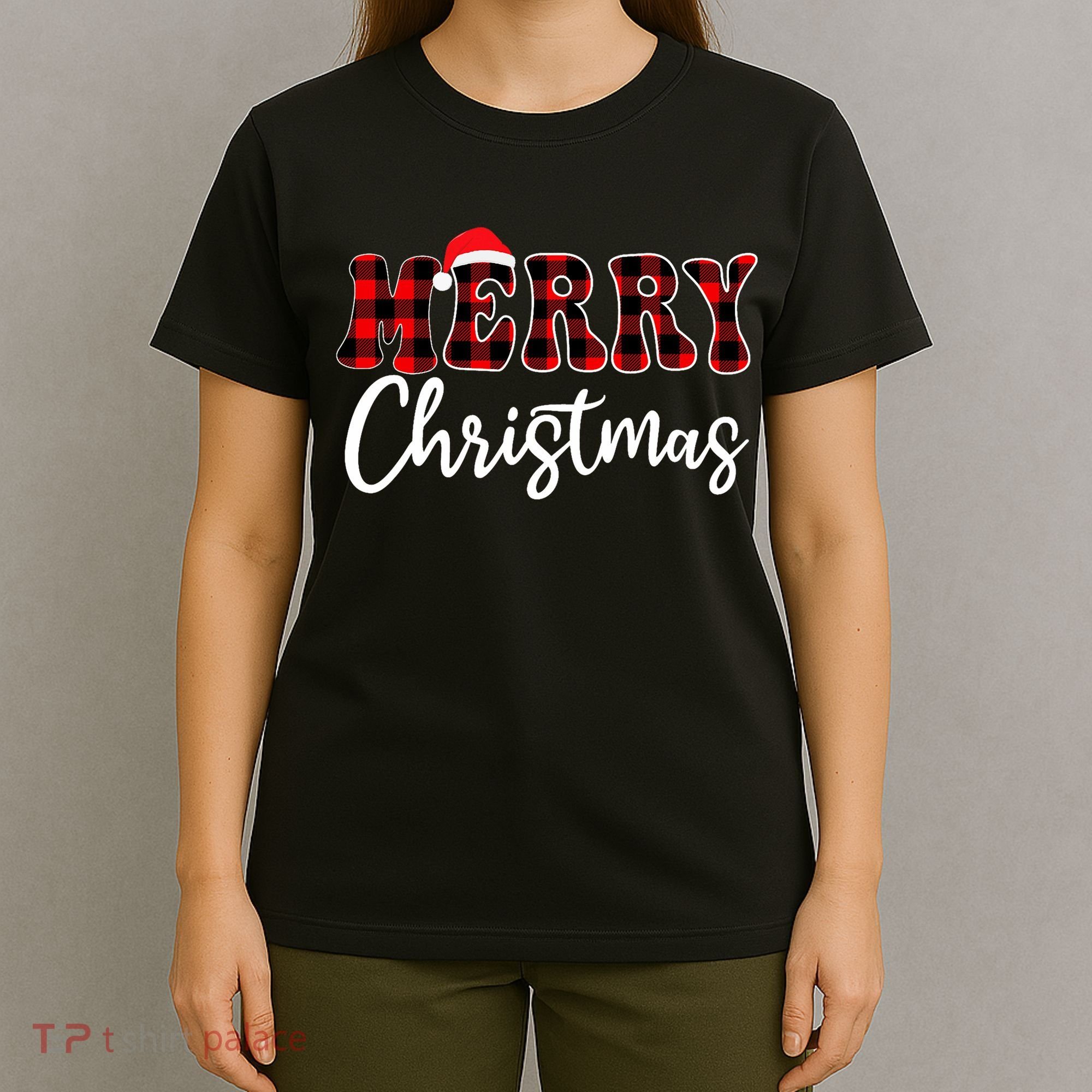 Merry Christmas With Black And Red Plaid Family T-Shirt