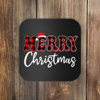 Merry Christmas With Black And Red Plaid Family Coaster thumb 0