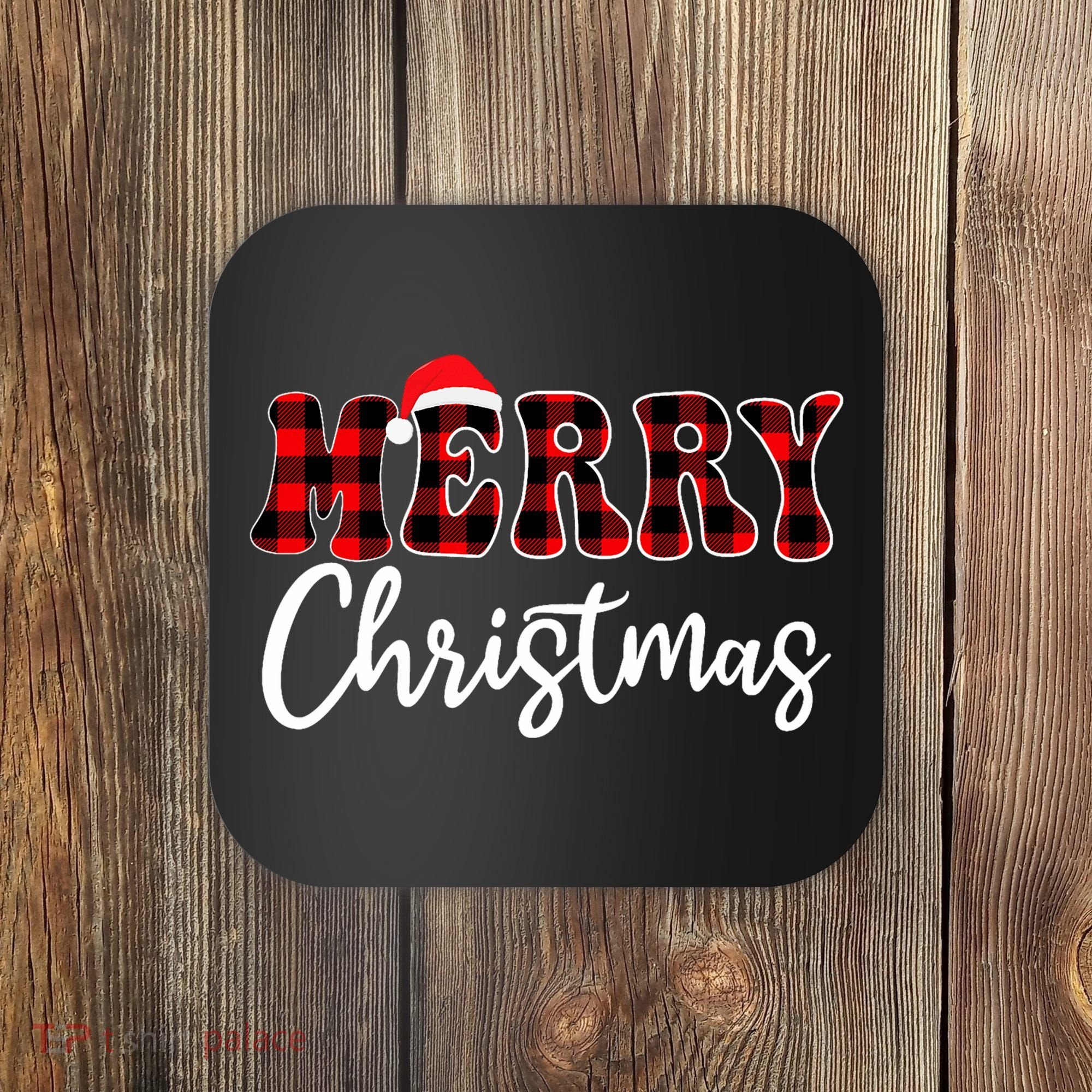 Merry Christmas With Black And Red Plaid Family Coaster