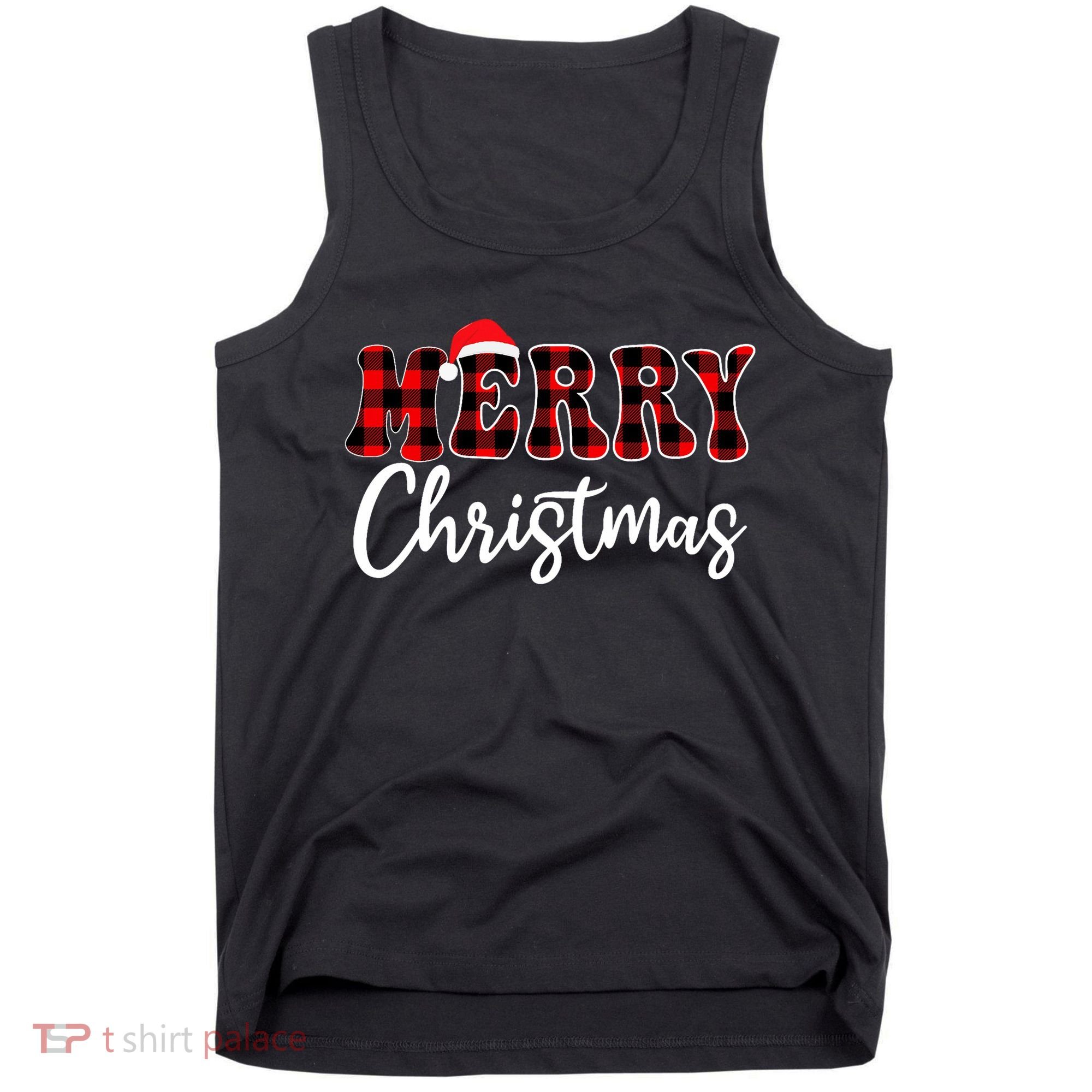 Merry Christmas With Black And Red Plaid Family Tank Top