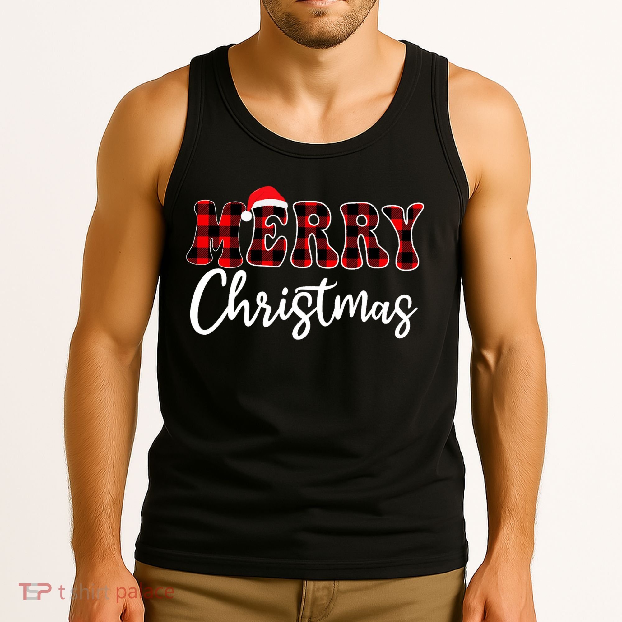 Merry Christmas With Black And Red Plaid Family Tank Top