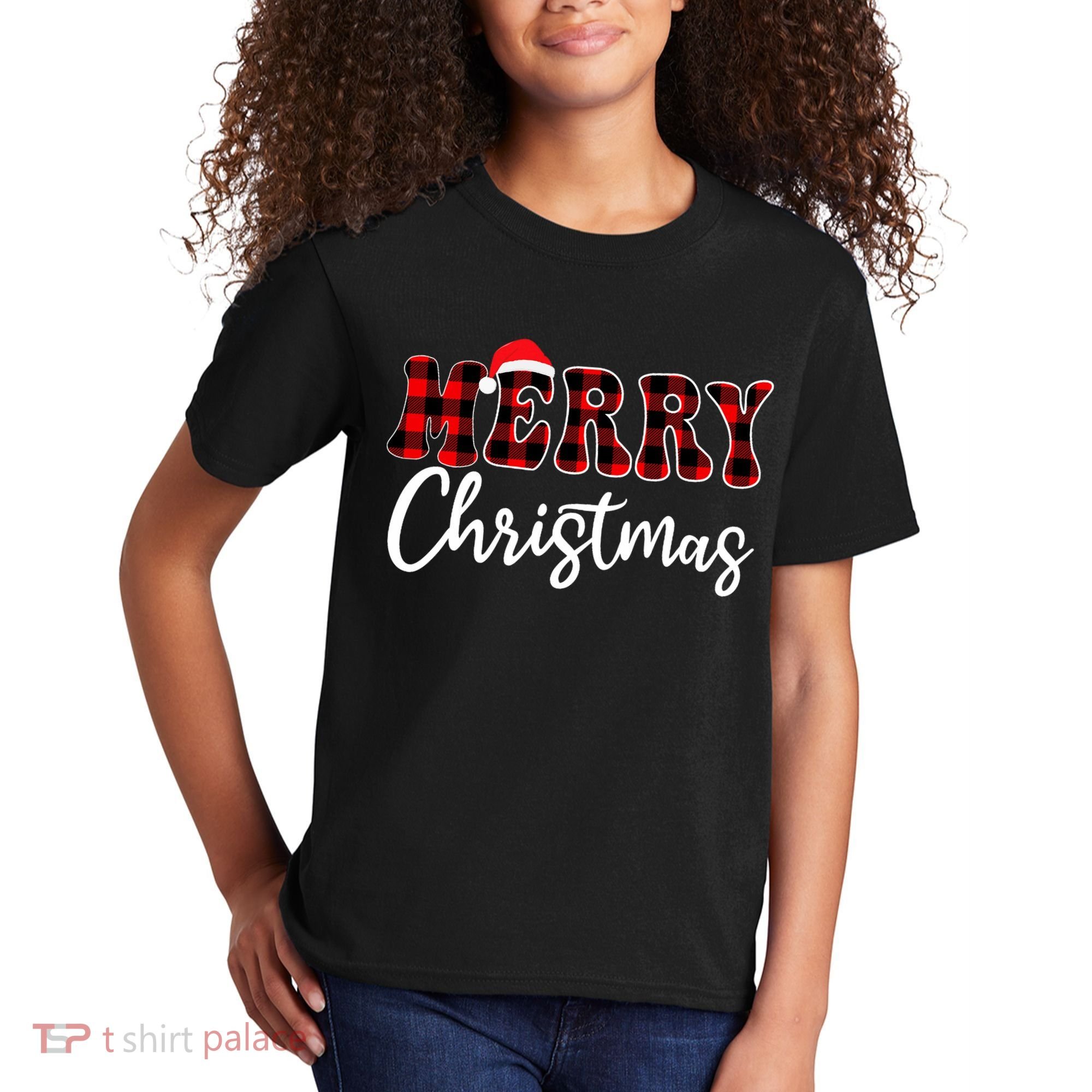 Merry Christmas With Black And Red Plaid Family Kids T-Shirt