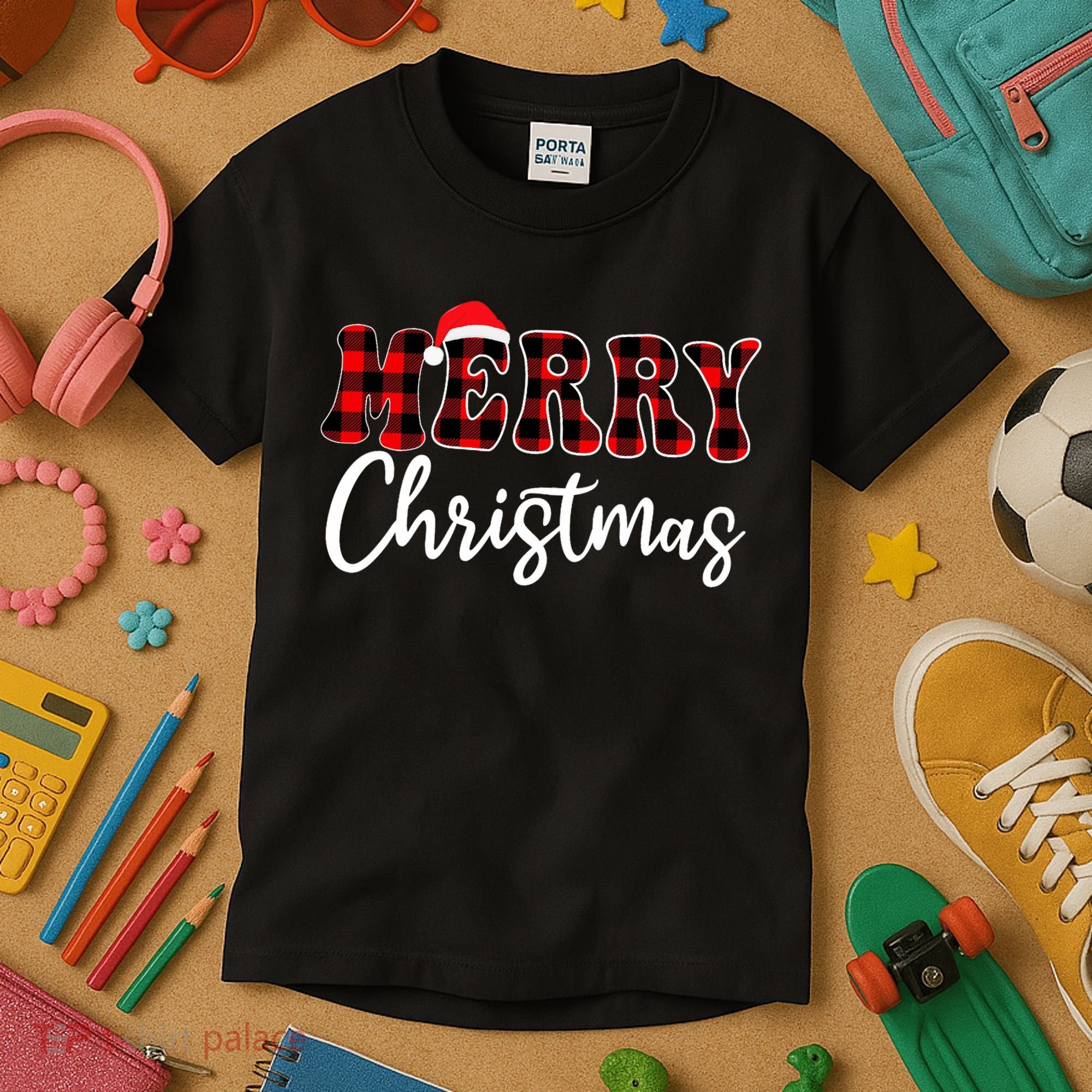 Merry Christmas With Black And Red Plaid Family Kids T-Shirt