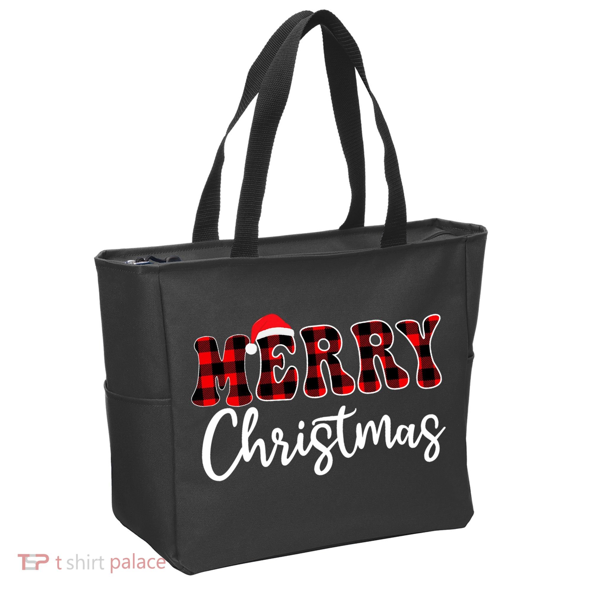 Merry Christmas With Black And Red Plaid Family Tote Bag