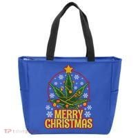 Merry Christmas Weed Marijuana Leaf Christmas Tree Pot Leaf Gift Tote Bag thumb 0