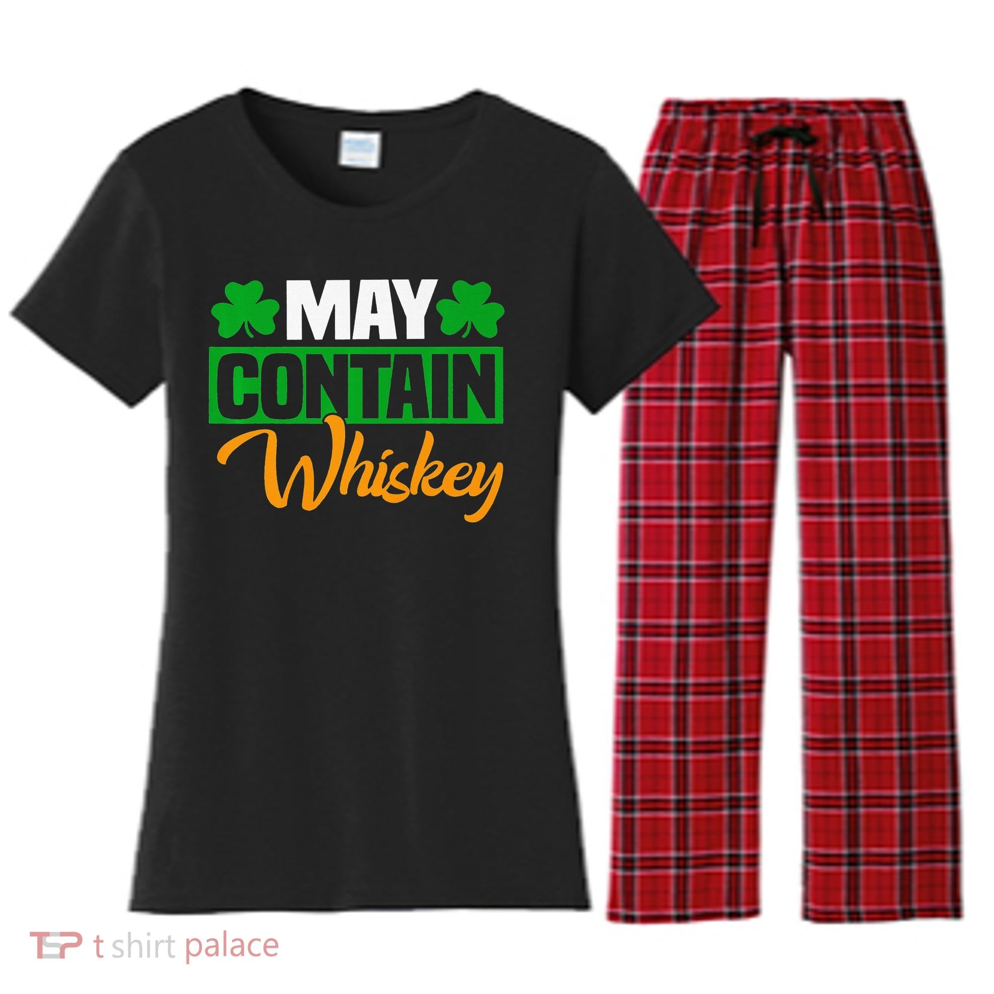 May Contain Whiskey Funny Irish St. Patrick's Day Women's Flannel Pajama Set