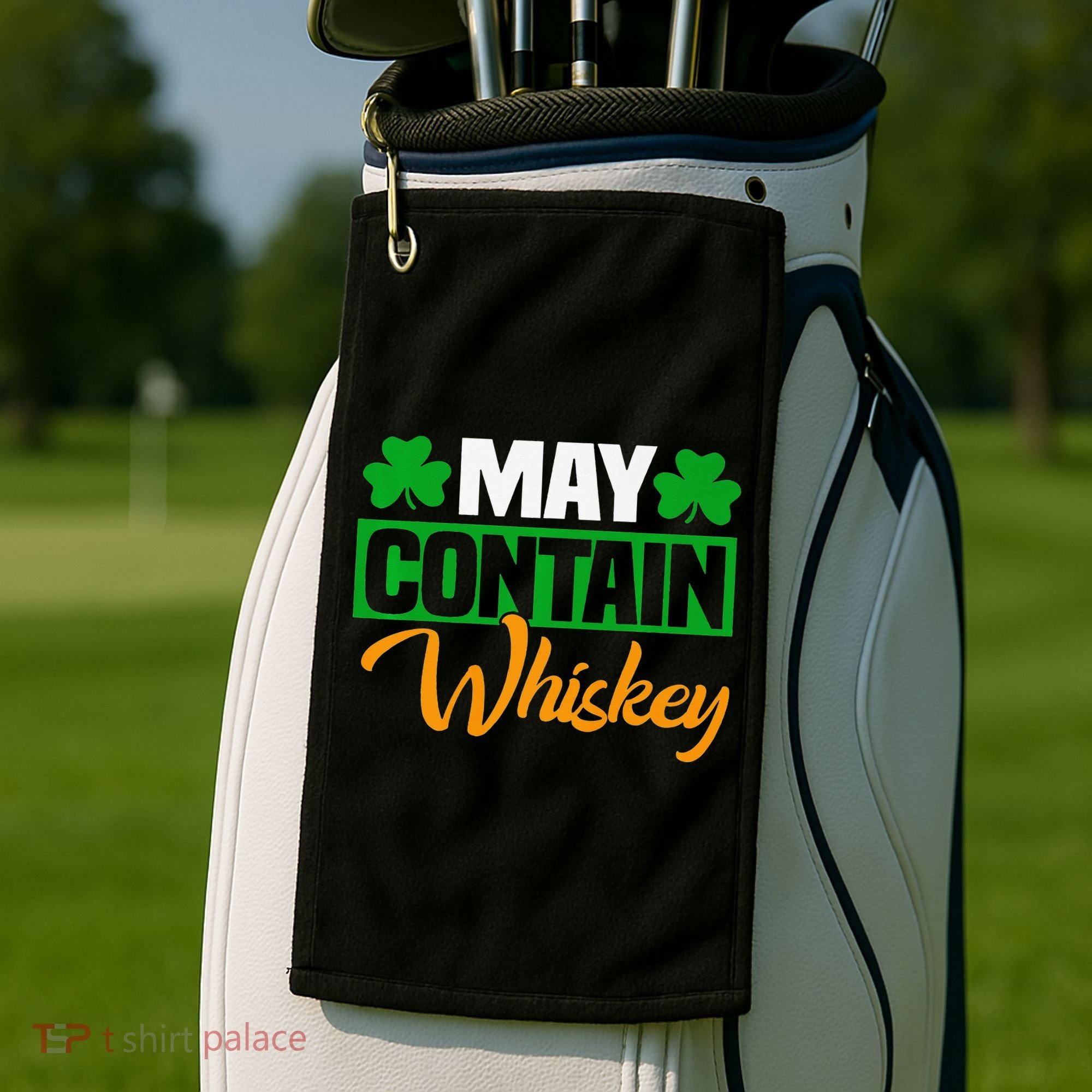 May Contain Whiskey Funny Irish St. Patrick's Day Golf Towel