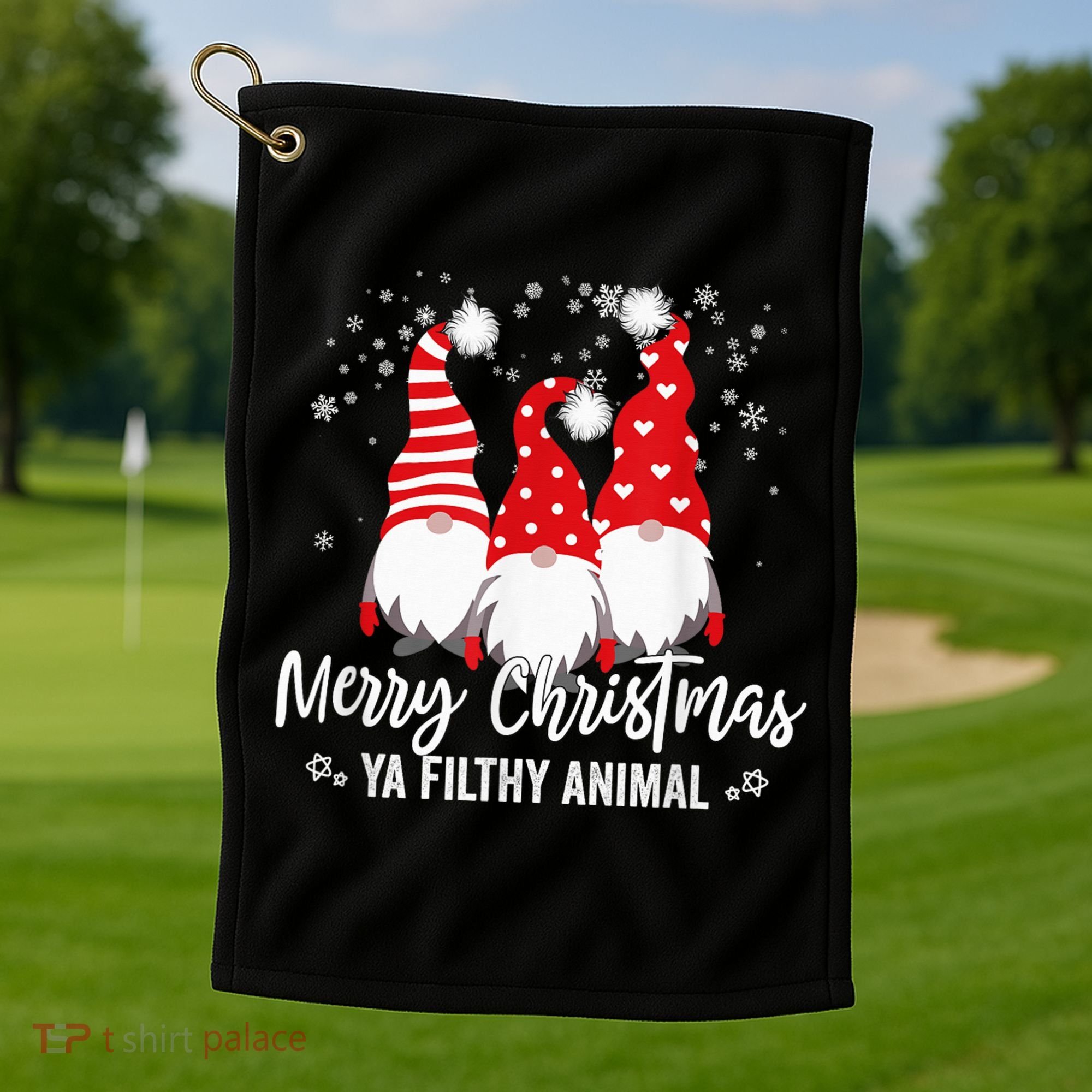 Merry Christmas Ya Filthy Animals Funny Christmas Gnome Golf Towel