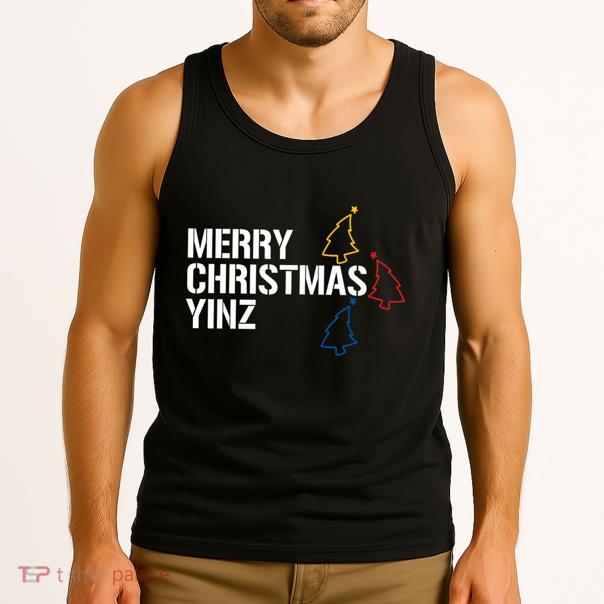 Merry Christmas Yinz With Pittsburgh Christmas Trees Funny Tank Top