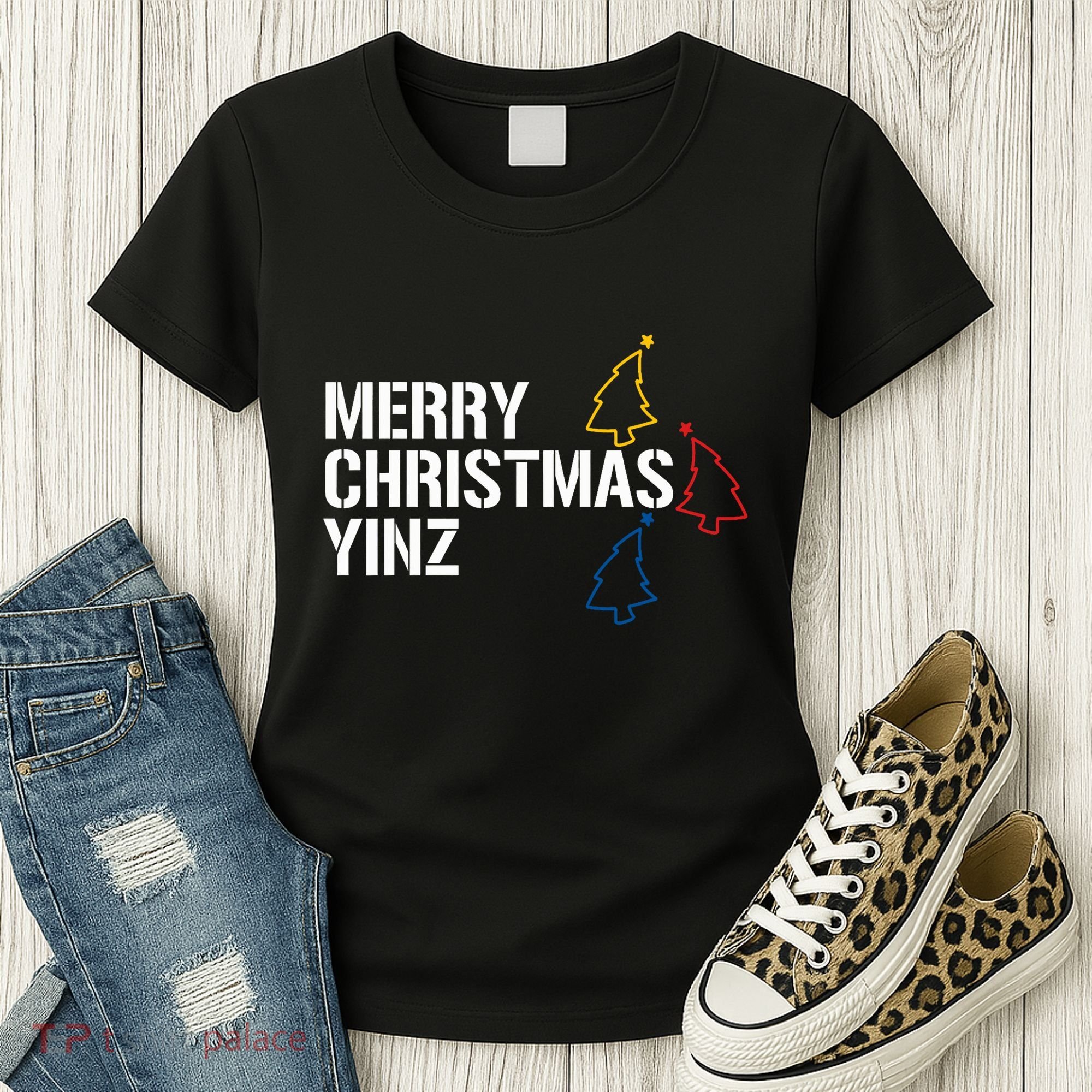 Merry Christmas Yinz With Pittsburgh Christmas Trees Funny Women's T-Shirt