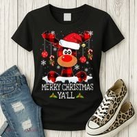 Merry Christmas Ya'll Cute Reindeer Women's T-Shirt thumb 3
