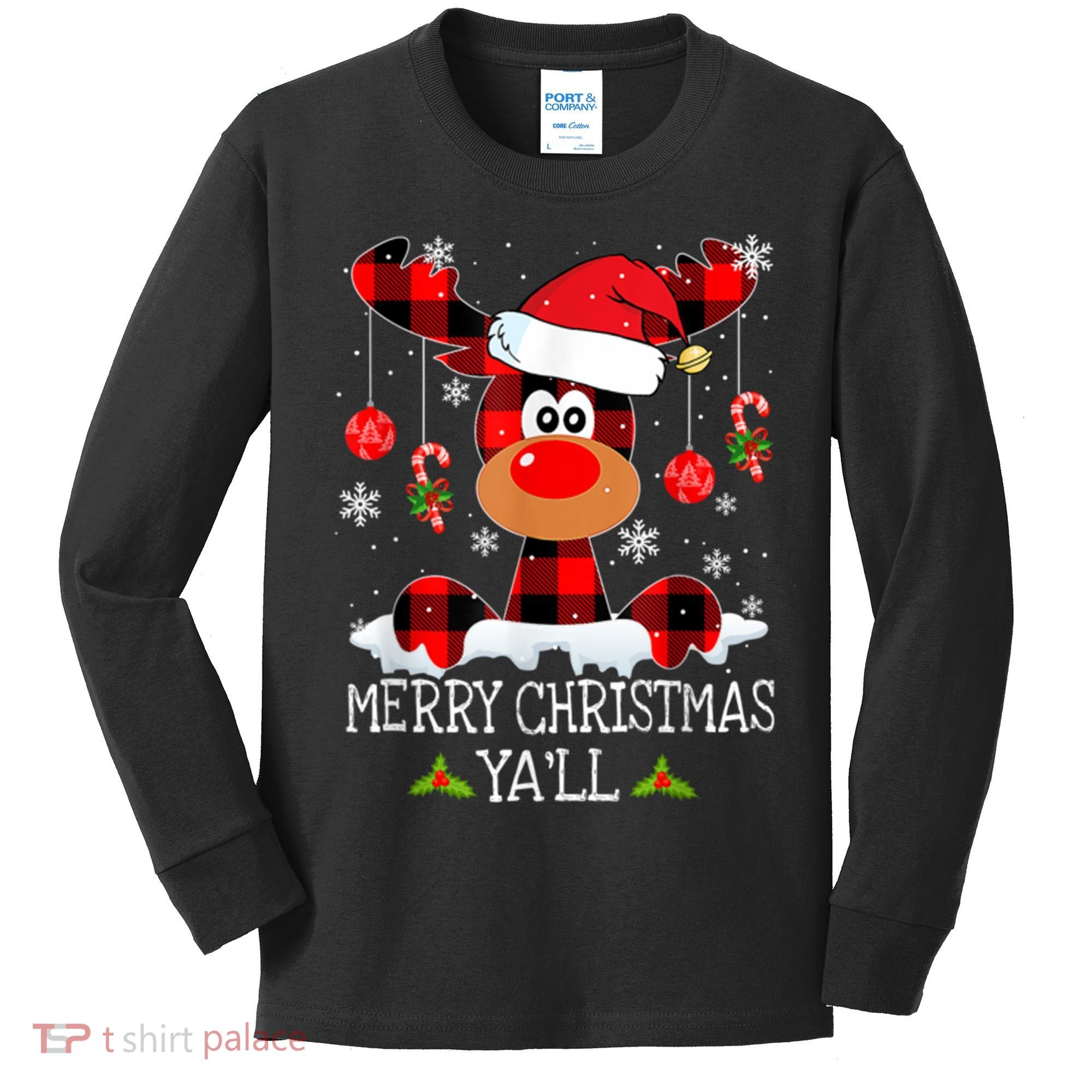 Merry Christmas Ya'll Cute Reindeer Kids Long Sleeve Shirt
