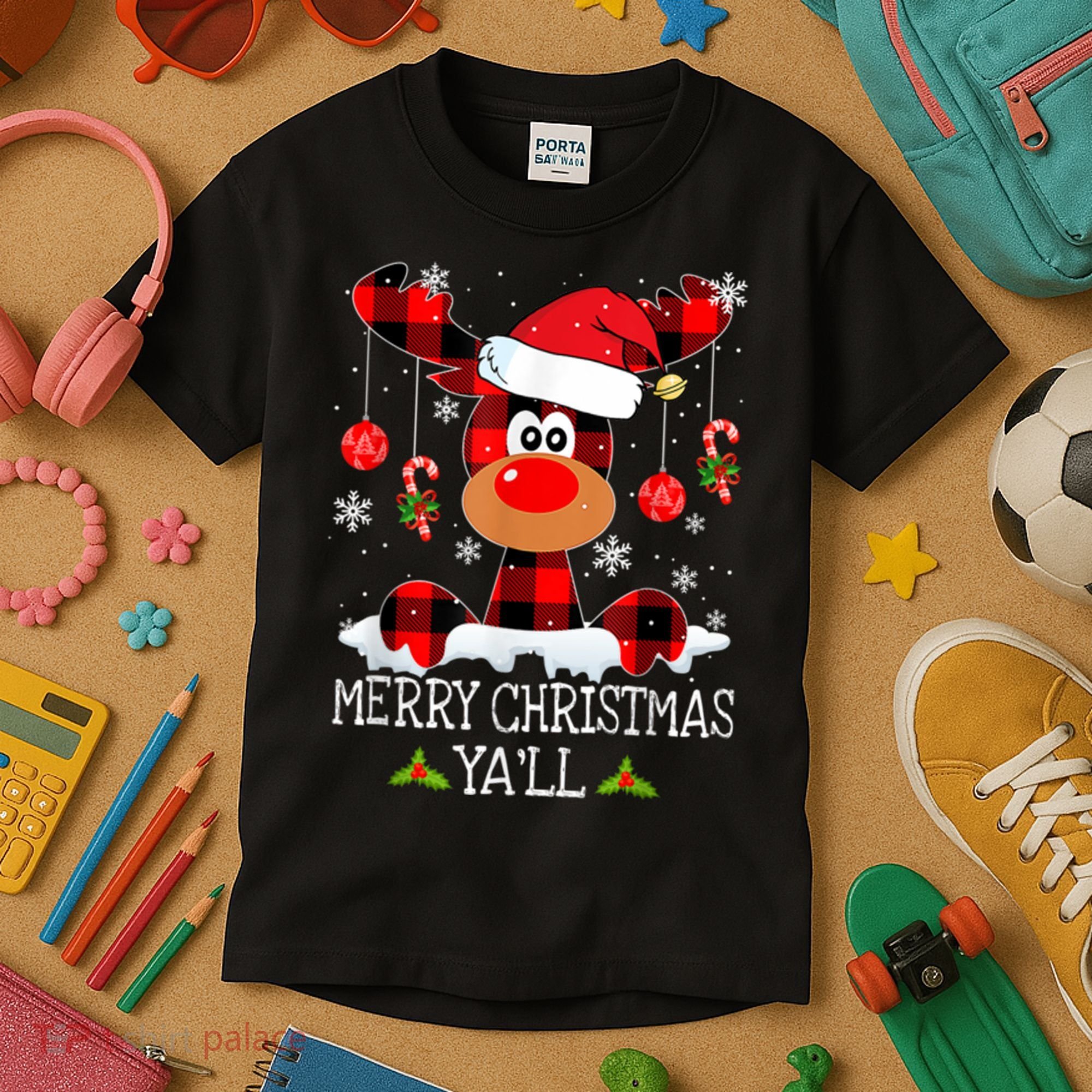 Merry Christmas Ya'll Cute Reindeer Kids T-Shirt
