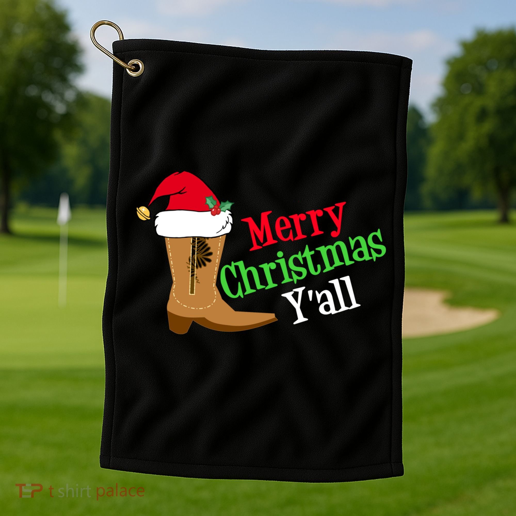 Merry Christmas YAll Funny Texas Cow Holiday Gift Golf Towel