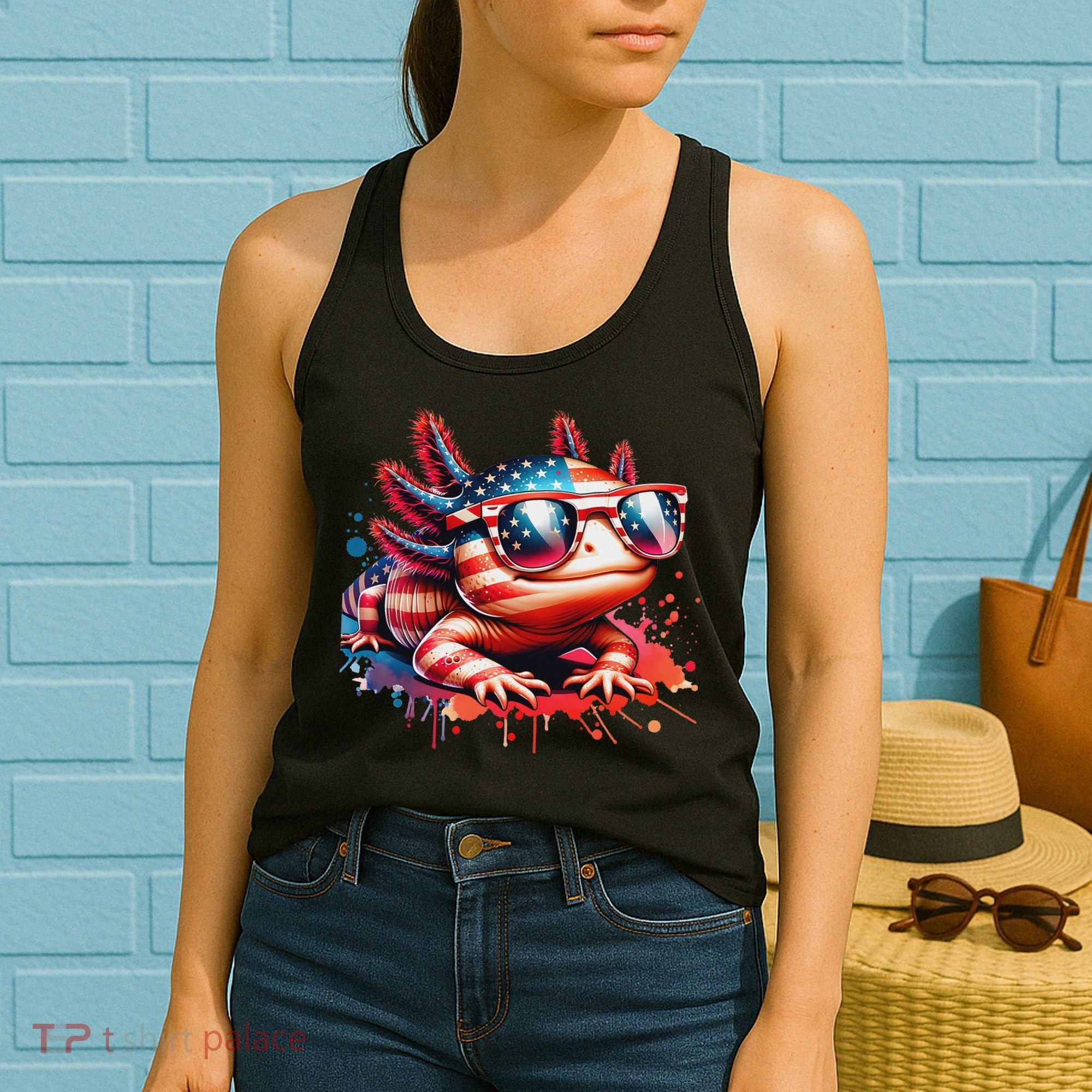 Memorial Day 4th Of July Axolotl Independence Day Usa Flag Women's Tank Top