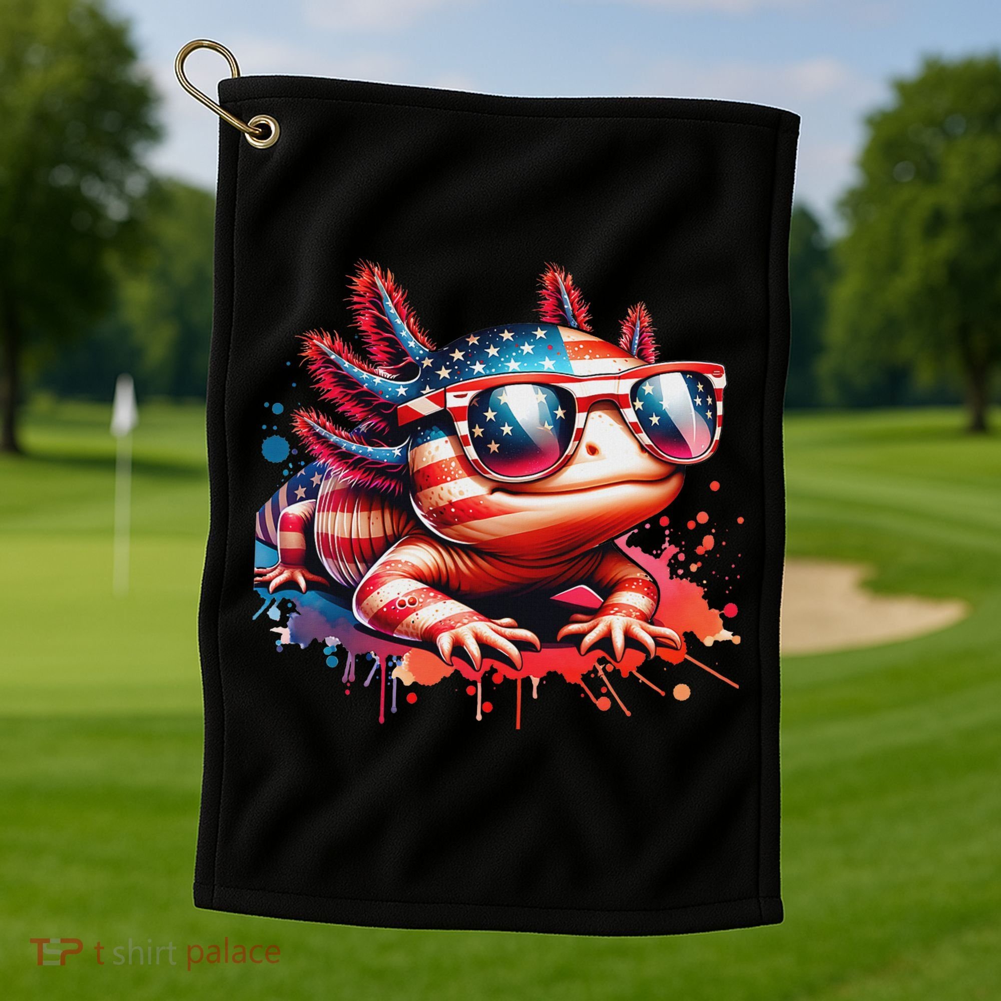 Memorial Day 4th Of July Axolotl Independence Day Usa Flag Golf Towel