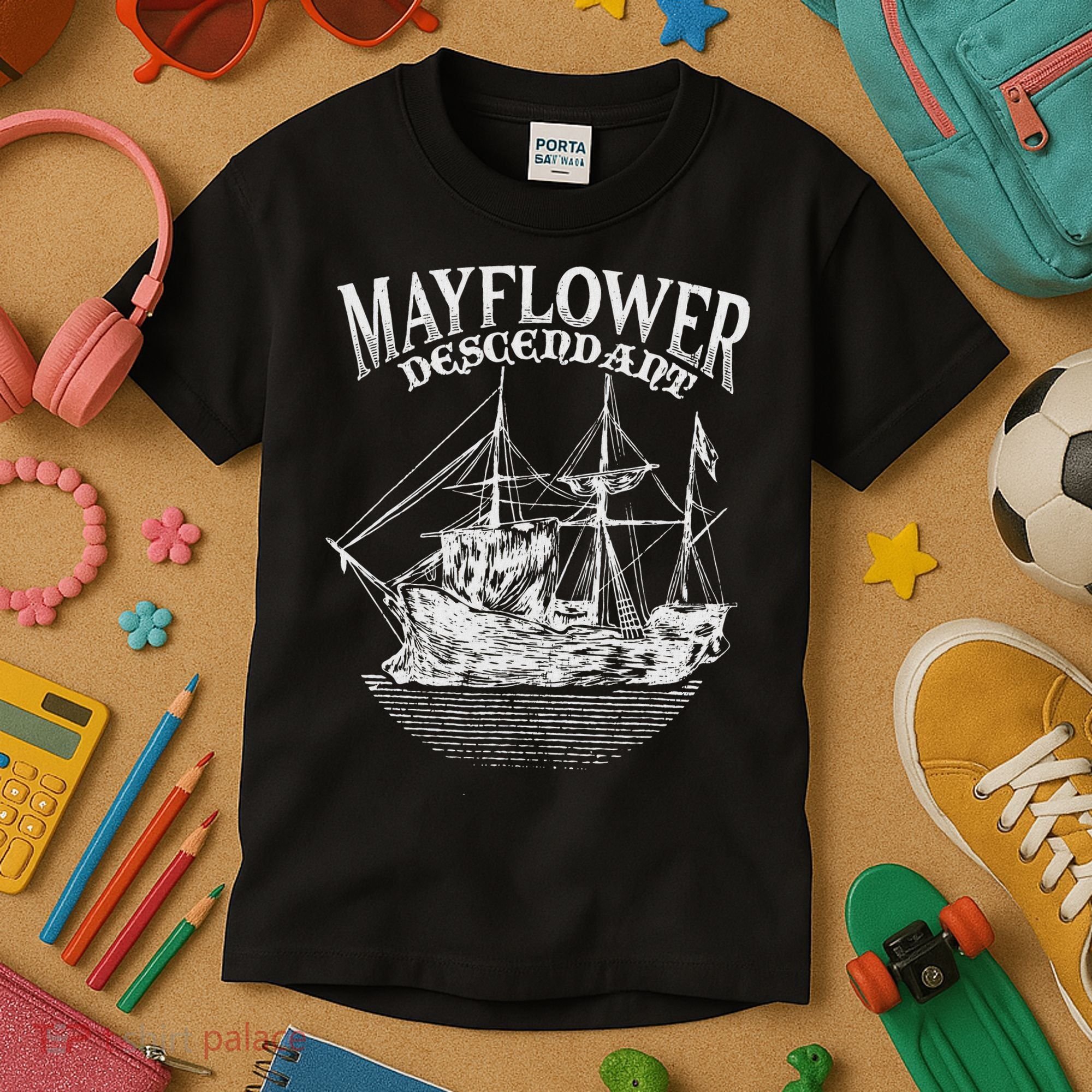 Mayflower Descendant Boat History Gift Usa Pilgrim Fathers Kids T-Shirt