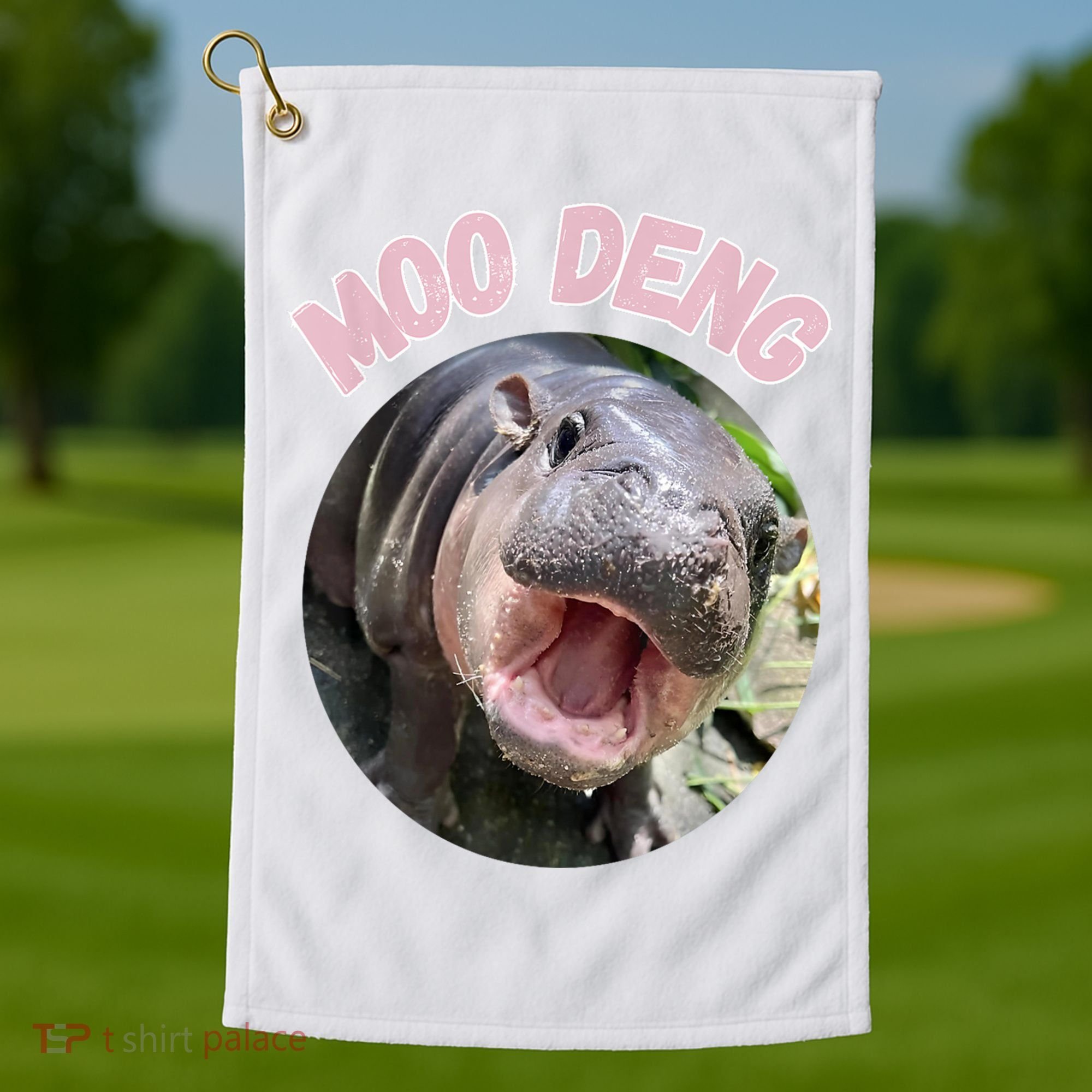 Moo Deng Bouncy Pig In Thai Picture The Cute Baby Hippo Gift Golf Towel